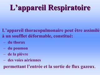 L
L’
’appareil Respiratoire
appareil Respiratoire
• L’appareil thoracopulmonaire peut être assimilé
à un soufflet déformable, constitué:
– du thorax
– du poumon
– de la plèvre
– des voies aériennes
permettant l’entrée et la sortie de flux gazeux.
 