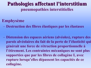 Pathologies affectant l
Pathologies affectant l’
’interstitium
interstitium
pneumopathies interstitielles
• Emphysème
– Destruction des fibres élastiques par les élastases
– Distension des espaces aériens (alvéoles), rupture des
parois alvéolaires du fait de la perte de l’élasticité qui
générait une force de rétraction proportionnelle à
l’étirement. Les contraintes mécaniques ne sont plus
supportées que par les fibres de collagène I, avec
rupture lorsqu’elles dépassent les capacités de ce
collagène.
 