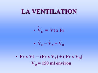 LA VENTILATION
LA VENTILATION
• VE = Vt x Fr
• VE = VA + VD
• Fr x Vt = (Fr x VA) + ( Fr x VD)
VD = 150 ml environ
 