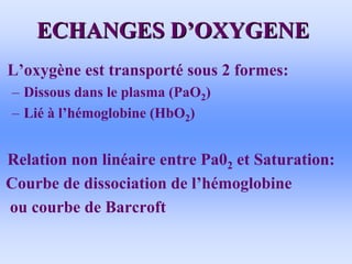 ECHANGES D
ECHANGES D’
’OXYGENE
OXYGENE
• L’oxygène est transporté sous 2 formes:
– Dissous dans le plasma (PaO2)
– Lié à l’hémoglobine (HbO2)
• Relation non linéaire entre Pa02 et Saturation:
Courbe de dissociation de l’hémoglobine
ou courbe de Barcroft
 