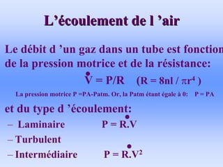 L
L’é
’écoulement de l
coulement de l ’
’air
air
• Le débit d ’un gaz dans un tube est fonction
de la pression motrice et de la résistance:
V = P/R (R = 8nl / πr4 )
La pression motrice P =PA-Patm. Or, la Patm étant égale à 0: P = PA
• et du type d ’écoulement:
– Laminaire P = R.V
– Turbulent
– Intermédiaire P = R.V2
 