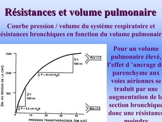 R
Ré
ésistances et volume pulmonaire
sistances et volume pulmonaire
Pour un volume
pulmonaire élevé,
l’effet d ’ancrage du
parenchyme aux
voies aériennes se
traduit par une
augmentation de la
section bronchique
donc une résistance
moindre
Courbe pression / volume du système respiratoire et
résistances bronchiques en fonction du volume pulmonaire
 
