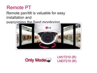 Remote PT
Remote pan/tilt is valuable for easy
installation and
overcoming the fixed monitoring
Only Model
LNV7210 (R)
LND7210 (R)
 