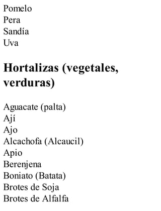 Pomelo
Pera
Sandía
Uva
Hortalizas (vegetales,
verduras)
Aguacate (palta)
Ají
Ajo
Alcachofa (Alcaucil)
Apio
Berenjena
Boniato (Batata)
Brotes de Soja
Brotes de Alfalfa
 