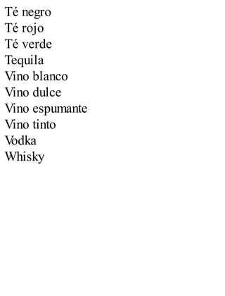 Té negro
Té rojo
Té verde
Tequila
Vino blanco
Vino dulce
Vino espumante
Vino tinto
V
odka
Whisky
 
