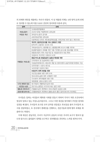 20 한국여성노동자회
의 과제와 대안을 제출하는 자리가 되었다. 이 날 제출된 의제는 4대 영역 22개 과제
로 정리할 수 있는데 이를 도표로 간단히 정리하면 다음과 같다.
우리들은 일하는 여성들이 행복한 사회를 만들기 위하여 각자가 처한 조건속에서
열심히 일하고 있는 여성노동자들이다. 그리고 이번 대선을 맞이해서 주인된 참여와
실천을 해 왔다. 우리들의 요구를 모아 공약을 만들었고 후보들을 불러 우리들의 요
구를 전달하였고, 또 전국에서 캠페인을 진행하고, 전문가들과 함께 향후 과제를 제
출하기도 하였다.
이제 대선은 끝났지만, 우리가 지금까지 공들여 모아온 우리의 요구가 헛되지 않
도록 앞으로도 끊임없이 정책을 요구하고 정부활동을 견인하는 노력을 펼쳐나가자.
영역 과제
1)사회보험적용확대
여성노동자 2)근로기준법 적용확대와 감독강화
저임금 개선 3)비공식노동의 공식화
4)최저임금적용 감독강화
5)정책대상 단위의 개인화(정책대상을 가족단위로 하지 말고 개인으로)
적극적 고용개선조치를 지속 강화하기 위한
6)적극적 고용개선 조치의 지속
7)여성비정규직 고용현황 및 고용평등계획 보고서 제출 의무화
8)성별직종분리 완화를 위한 직종 직무별 남녀고용 정보제출 의무화
9)동종산업의 70% 미달기업 및 사업장으로의 대상 확대
10)정부의 적극적인 지원조치 모색
동일가치노동 동일임금의 실효성 확보를 위한
차별없는 여성노동
11)직무분석 및 임금체계의 개편
12)공공부문에서의 시범사례 개발 및 정부차원의 공공직무평가위원회 구성
13)직무평가 기준의 재구성
14)직무평가 범위의 확대
비정규직 대책 마련을 위한
15)간접고용에 대한 대책 모색
16)사내하도급에 대한 규제방안 마련
17)사회적 취약계층에 대한 지원
18)업종별 고용시스템의 모색
누구도 배제되지 않는 19) 여성의 개별연금수급권 보장
국민연금 수급권 20)기초노령연금 사각지대 해소 방안 마련
돌봄노동 사회서비스의 21)돌봄수급자 측면에서 서비스제공의 공공성 강화
공공성과 좋은 일자리 보장 22)돌봄제공자 측면에서 돌봄노동의 좋은 일자리로서의 자리매김
일여73호_내지782007.12.215:7PM페이지20mac3
 