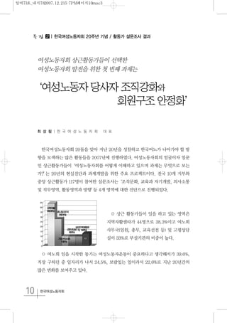 10 한국여성노동자회
최 상 림 | 한 국 여 성 노 동 자 회 대 표
한국여성노동자회 20돌을 맞아 지난 20년을 성찰하고 한국여노가 나아가야 할 방
향을 모색하는 많은 활동들을 2007년에 진행하였다. 여성노동자회의 얼굴이자 일꾼
인 상근활동가들이‘여성노동자회를 어떻게 이해하고 있으며 과제는 무엇으로 보는
가?’는 20년의 현실진단과 과제개발을 위한 주요 프로젝트이다. 전국 10개 지부와
중앙 상근활동가 117명이 참여한 설문조사는‘조직문화, 교육과 자기개발, 의사소통
및 직무영역, 활동영역과 방향’등 4개 영역에 대한 진단으로 진행되었다.
○ 상근 활동가들이 일을 하고 있는 영역은
지역자활센타가 44명으로 38.3%이고 여노회
사무국(임원, 총무, 교육선전 등) 및 고평상담
실이 33%로 부설기관의 비중이 높다.
○ 여노회 일을 시작한 동기는 여성노동자운동이 중요하다고 생각해서가 39.6%,
직장 구하던 중 일자리가 나서 24.5%, 보람있는 일이라서 22.6%로 지난 20년간의
많은 변화를 보여주고 있다.
2⃞ | 한국여성노동자회 20주년 기념 / 활동가 설문조사 결과
‘여성노동자 당사자 조직강화와
회원구조 안정화’
여성노동자회상근활동가들이선택한
여성노동자회발전을위한첫번째과제는
일여73호_내지782007.12.215:7PM페이지10mac3
 