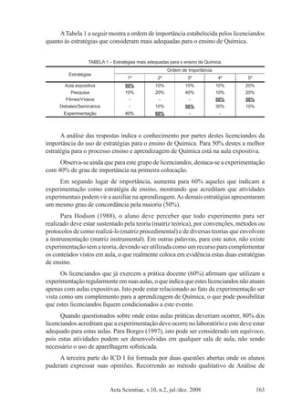 Acta Scientiae, v.10, n.2, jul./dez. 2008 163
ATabela 1 a seguir mostra a ordem de importância estabelecida pelos licenciandos
quanto às estratégias que consideram mais adequadas para o ensino de Química.
TABELA 1 – Estratégias mais adequadas para o ensino de Química.
Estratégias
Ordem de Importância
1º 2º 3º 4º 5º
Aula expositiva 50% 10% 10% 10% 20%
Pesquisa 10% 20% 40% 10% 20%
Filmes/Vídeos - - - 50% 50%
Debates/Seminários - 10% 50% 30% 10%
Experimentação 40% 60% - -
A análise das respostas indica o conhecimento por partes destes licenciandos da
importância do uso de estratégias para o ensino de Química. Para 50% destes a melhor
estratégia para o processo ensino e aprendizagem de Química está na aula expositiva.
Observa-se ainda que para este grupo de licenciandos, destaca-se a experimentação
com 40% de grau de importância na primeira colocação.
Em segundo lugar de importância, aumenta para 60% aqueles que indicam a
experimentação como estratégia de ensino, mostrando que acreditam que atividades
experimentais podem vir a auxiliar na aprendizagem.As demais estratégias apresentaram
um mesmo grau de concordância pela maioria (50%).
Para Hodson (1988), o aluno deve perceber que todo experimento para ser
realizado deve estar sustentado pela teoria (matriz teórica), por convenções, métodos ou
protocolos de como realizá-lo (matriz procedimental) e de diversas teorias que envolvem
a instrumentação (matriz instrumental). Em outras palavras, para este autor, não existe
experimentação sem a teoria, devendo ser utilizada como um recurso para complementar
os conteúdos vistos em aula, o que realmente coloca em evidência estas duas estratégias
de ensino.
Os licenciandos que já exercem a prática docente (60%) afirmam que utilizam a
experimentaçãoregularmenteemsuasaulas,oqueindicaqueesteslicenciandosnãoatuam
apenas com aulas expositivas. Isto pode estar relacionado ao fato da experimentação ser
vista como um complemento para a aprendizagem de Química, o que pode possibilitar
que estes licenciandos fiquem condicionados a este evento.
Quando questionados sobre onde estas aulas práticas deveriam ocorrer, 80% dos
licenciandos acreditam que a experimentação deve ocorre no laboratório e este deve estar
adequado para estas aulas. Para Borges (1997), isto pode ser considerado um equívoco,
pois estas atividades podem ser desenvolvidas em qualquer sala de aula, não sendo
necessário o uso de aparelhagem sofisticada.
A terceira parte do ICD I foi formada por duas questões abertas onde os alunos
puderam expressar suas opiniões. Recorrendo ao método qualitativo de Análise de
 