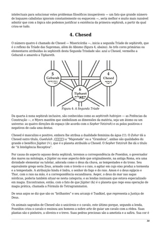 intelectuais para solucionar estes problemas filosóficos insuperáveis — um fato que grande número
de loquazes cabalistas ignoram constantemente ou esquecem —, seria melhor e muito mais razoável
admitir que com a lógica não podemos justificar a existência da primeira sephirah, a partir da qual
criou-se tudo.
4. Chesed
O número quatro é chamado de Chesed — Misericórdia —, inicia a segunda Tríade de sephiroth, que
é o reflexo da Tríade das Supremas, além do Abismo (figura 4, abaixo). As três cores primárias ou
elementares atribuídas às sephiroth desta Segunda Trindade são: azul a Chesed, vermelho a
Geburah e amarelo a Tiphareth.
Figura 4: A Segunda Tríade
Da quarta à nona sephirah inclusive, são conhecidas como as sephiroth habinjon — as Potências da
Construção —, e Myers mantém que simbolizam as dimensões da matéria, seja um átomo ou um
universo: as quatro direções do espaço (de acordo com o Sepher Yetzirah) e os polos positivos e
negativos de cada uma destas.
Chesed é masculino e positivo, embora lhe atribua a dualidade feminina da água (▽). O Zohar dá a
Chesed outro título, Guedulah ,(‫)גדולה‬ a “Majestade” ou a “Grandeza”, ambas são qualidades do
grande e benéfico Júpiter (♄), que é o planeta atribuído a Chesed. O Sepher Yetzirah lhe dá o título
de “A Inteligência Receptiva”.
Por causa do aspecto aquoso desta sephirah, teremos a correspondência de Poseidon, o governador
dos mares na mitologia, e Júpiter ou esse aspecto dele que originalmente, na antiga Roma, era uma
divindade elementar ou tutelar, adorada como o deus da chuva, as tempestades e do trono. Seu
equivalente grego seria Zeus, armado com o trovão e o raio, o agitar em cujo eixo produz a tormenta
e a tempestade. A atribuição hindu é Indra, o senhor do fogo e do raio. Amon é o deus egípcio e
Thor, com o raio na mão, é a correspondência escandinava. Aeger, o deus do mar nas sagas
nórdicas, poderia também situar-se nesta categoria; e as lendas insinuam que estava especializado
em magia. Encontramos, então, com o fato de que Júpiter (&) é o planeta que rege essa operação de
magia prática, chamada a Fórmula do Tetragrammaton.
De seus anjos se diz que são os “brilhantes” e seu arcanjo é Tsadkiel, que representa a Justiça de
Deus.
Os animais sagrados de Chesed são o unicórnio e o cavalo, este último porque, segundo a lenda,
Poseidon criou o cavalo e ensinou aos homens a nobre arte de guiar um cavalo com a rédea. Suas
plantas são o pinheiro, a oliveira e o trevo. Suas pedras preciosas são a ametista e a safira. Sua cor é
34
 