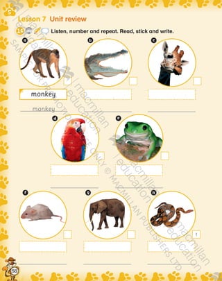 Lesson 7  Unit review
CD3
16 Listen, number and repeat. Read, stick and write.
1
monkey
monkey
58
9780230483569_text.indb 58 07/10/2014 13:19
 