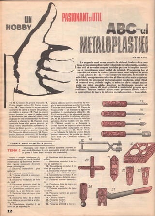 •
-
------ --=---
I
MATEI PAUL
,
" , La sugestia unui mare număr de cititori, inainte de a con-
,
tinua prezentarea diverselor tehnici de metaloplastie, conside-
răm util să revenim asupra sculelor pe care le implică Insuşi-
rea şi unor astfel de tehnici. Procurarea lor, şi
repetim, că in vedere procurarea unui minim de scule
•
- vezi schiţele 14- 35 este imperios necesară. în funcţie de
solicitări, vom prezenta ulterior şi diverse alte scule cuprinse
in in arsenalul metaloplastiei moderne, ştiut fUnd
că artă, relativ ~~he, a asimilat de-a lungul anilor
scule cu totul speciale, ~mţitor perfecţionate, menite să
faciliteze o redare cit mai artistică a modelului propus spre
realizare. Intr-lin articol viitor vom prezenta filmul exact
al operaţiilor de lucru In tehnica metaloplastiei basorelief.
14, 15. Creioane de gravare manuală; 16-
Creion retuşor colţuri; 17. Creion nivelat
cute; 18. Cleşte ciocan - se pot efectua
operaţiile de călire şi testare ale gradului
de decălire a aramei; 19. Placă de plumb
pentru bombat - poate fi confecţionată
şi din aluminiu sau material plastic; este
alcătuită din mai multe cavităţi de diverse
adîncimi şi diametre; 20. Poanson cruce
(două din braţe sînt pentru punctat, iar
două pentru amplificarea punctelor); 21.
Ciocan de bătut puncte - se foloseşte la
operaţiile de umplere a spaţiilor libere; 22,
23. Ciocane de bătut contururi; 24. Ciocan
pentru conturat contururi; 25. Buzdugan
de bătut puncte - se foloseşte la metalo-
plastia «bătută» pentru obţinerea de mar-
gini şi pentru umplerea spaţiilor libere; 26-
Ciocan de bătut puncte mari; 27. Ciocan de
finisat profile - se foloseşte la egalizarea
profilelor III metaloplastia «bătută»; 28.
Placă portprofile - se efectuează operaţii
de batere de profile în relief sau adîncime;
29, 30, 31. Poansoane de bătut în relief sau
adîncime diverse modele cifre sau litere;
32. Călcător termic - se foloseşte la
unirea lucrării de cupru cu placa de lemn
prin intermediul compoziţiei de bitum,
cenuşă şi insecticid; 33. Daltă (<falsă»
- se foloseşte la tehnica aramei bătute
pentru conturarea de profile cu deschi-
dere mică; 34. Conductă suflător; 35.
Spirtieră. 18
v
COPERTA: VISUL LUI MLADIŢA (detaliu)
TEMA 1
Realizarea unei măşti in tehnică basorelief (lucrare de
mai mică dificultate in care eventualele greşeli de inceput
ar putea fi luate drept «virtuţi» ale creatorului).
Pentru a pregăti înţelegerea di-
verselor operaţii pe care le implică
metaloplastia tip basorelief, enume-
răm rigu ros consecutiv diversele
etape tehnologice:
1. Decălirea materialului plus
spălarea
2. Fasonarea materialului
3. Tratarea chimică a postamen-
tului de lemn
4. Desenarea modelului pe folia
de tablă
5. Efectuarea primului nivel de
lucru pe folia de tablă (suprafaţa a)
6- Consolidarea conturului pe su-
prafeţele b, a ale foii ei de cupru
7. Decălirea foliei de cupru plus
spălare
8. Efectuarea celui de al doilea
nivel de lucru pe suprafaţa a a foliei
de cupru
9. Consolidarea nivelului 2 de
lucru de pe suprafaţa b
1.2
10. Decălirea foliei de cupru plus
spălare
11. Efectuarea nivelului 3 de lu-
cru pe suprafaţa a
12. Consolidarea nivelului 3 de
lucru pe suprafaţa b
13. Efectuarea nivelului 4 de lucru
pe suprafaţa b a foliei de cupru
14. Consolidarea nivelului 4 de
lucru pe suprafaţa a a foliei de cupru
15. Finisarea tuturor contururi-
lor
16. Plombarea foliei de cupru pe
suprafaţa b de lucru
17. Placarea suportului de lemn
cu bitum
18. Montarea lucrării pe panoul
de lemn bituit
19. Călcarea lucrării
20. Finisarea lucrării
21. Patinarea lucrării
22. Finisarea artistică a lucral'l l.
20
26
14
17, .
22 23
27
 