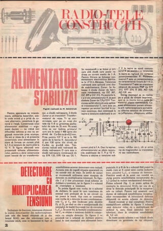 .... ...•,......" ...................,...................................
..... -.- .... -....... •• C .... '"'('11".." .............................'"
..~ .. ••• -...._.~..."".......«I-............................ .
,,
•
!,,.
•
"'.... ... •
_.,_.,._"~. _.•...' " ,.._--•..~." •.............................~ ..~ ". . .
•
---------------------------------
Pentru aparatura cu tranzIS-
toare, utilizarea bateriilor, aco-
lo unde există şi o priză de cu-
rent alternativ. constituie în ge-
neral o risipă. Construcţia unui
alimentator stabilizat argu-
ment decisiv nu ridică nici
dificultăţi tehnice şi nici nu an-
gajează materiale prea scumpe.
De aici şi ideea de a vă prezenta
construcţia unui alimentator în
stare să livreze un curent pînă
la 1 A şi tensiuni de ieşire pînă la
•
12 V. In figura alăturată este
prezentată schema alimentato-
rului, pentru a cărei construcţie
avem nevoie de un transforma-
Pagini realizati de M. BAGHIUS
tor, o diodă redresoare. 3 diode
Zener şi un tranzistor. Transfor-
matorul de retea Tr se con-•
struieşte uşor pe un miez din
tole tip E~ cu grosimea pache-
tului de tole de 35 mm. Pe acest
miez; se vor bobina primarul
care are În total 1 400 spire din
sîrmă de Cu-Em cu ~=0.2 mm.
Priza pentru 1TI V se ia la 780
spire de la borna O. Secundarul
II are 130 spire din sîrmă de
Cu-Em cu ~=O,8 mm. Ten-
siunea redusă este redresată de
dioda red resoare O care este o
diodă redresoare românească de
tip EFR 135. EFR 136 sau OS 1.
Se recomandă a se folosi şi ori-
care altă diodă care poate re-
dresa un curent mediu de 1 A.
Pentru filtrare se folosesc con-
densatoare electrolitice fabrica-
te la I.P.R.S.-Băneasa. Tensiunea
redresată este aplicată unei dio-
de stabilizatoare Zener. Se fo-
losesc 3 diode Zener de fabri-
caţie românească. tip DZ 307.
DZ 309 şi DZ 312. Pe poziţiile b,
c şi dale comutatorului K se pun
diodele Zenerde 7,9 şi 12 V. Ten-
siunea astfel obţinută este aplica-
tă tranzistorului T, care este un
repetor pe emitor lucrînd în cu-
rent continuu, deci debitează la
ieşire o tensiune stabilizată la un
220 D
1R7V ·C_,
7 V la ieşire se aşază comuta-
torul K pe poziţia a ŞI tensiunea
la ieşire se reglează din cursorul
potenţiometrului P. Potenţio­
metrul P este un potenţiometru
QJ caracteristică liniară de 1 K Q.
Tranzistorul T este un tranzistor
obişnuit de putere PNP tip EFT
213, EFT 214, 1T 203, AD 130.
AO 131 etc.
Intreg montajul se va realiza
pe o placă de circuit imprimat,
apoi se va monta într-o cutie de
material plastic convenabilă. Cu
acest alimentator putem alimen-
ta atît radioreceptoare portabile
cu diferite tensiuni de alimenta-
re (<<Mamaia». «Neptun», «Alba-
R,-510 k
I
:!%!. CII
O 25V
curent pînă la 1 A. Deci la ieşirea
alimentatorului se obţin tensiu-
nile stabilizate de 7, 9 şi 12 V.
Pentru a obţine o tensiune sub
+ + 0.1
p
tros». «Alfa» etc.), cit şi orice
tip de magnetofon cu tranzistoa-
re sau casetofoane.
•
-
+
. ,
•
4 •
•
--------------------------------
IndeajuDl' de frecvent, tensiunea obţinutli
la ieşirea detectoarelor din radioreceptoare
(atit cele din lanţul obişnuit cît şi din
lanţul RAS) sau din televizoare este o
tensiune micA, ceea ce inseamnli în fapt că
sensibilitatea acestor detectoare este redusă.
Aceasta este de regulA situaţia aparaturii cu
un numAr mic de etaje. în astfel de cazuri
se recomandA utilizarea unor montaje de
detecţie cu multiplicarea tensiunii. In figu-
rile 1 şi 2 sint prezentate două scheme de
dublare a tensiunii, iar în figura 3 o schemA
de cvatriplare a tensiunii.
în prima figurA este vorba de o schemA
de dublare, în cazul în care tensiunea de
semnal este preluatA de la un circuit cu
un punct la masA. Aşa cum se constatA,
este vorba de'o detecţie la care condensatoa-
rele Cl. şi C3 sint inclrcate prin diodele
D1 şi D1 pe rînd cu cîte o semiperioadA din
semnalul de inaltA frecvenţA (tot de circuitul
L~Ct)' In acest fel, la bornele condensatoru-
lui Cl se obţine o tensiune dublA în compa-
raţie cu simpla detecţie. In figura 2 se
prezintA tot o schemă de dublare pentru
cazul în care montajul este alimentat intre
punctele A şi B de la o schemA flUă punct la
masA, cum ar fi cazul unui cuplaj inductiv
între circuitul L,Ci şi reţeaua de detecţie.
Practica aratA că în acest caz rezultA un
cîştig pentru sensibilitatea receptorului de
1,7 (avind în vedere randamentul detecţiei).
Prima schemll (fig. 1) se poate aplica de
exemplu la detectorul RAS, iar cea de a
doua la detecţia principalA de la receptoa-
rele cu tuburi. Pentru toţi amatorii care
doresc sA mlireascl sensibilitatea receptoa-
relor recomandlim să înlocuiascl detecţia
obişnuitA cu aceste scheme de detecţie.
ExistA montaje şi mai complexe. Pentru
exemplificare arAtllm în figura 3 schema
41nui detector video cu o multiplicare de
ordinul 4, care, fiind introdus într-un
televizor, duce la creşterea sensibilitAţii
de 3,2 ori.
In toate aceste scheme s-au folosit diode
detectoare cu gelIDaniu de tip obişnuit.
•
•
 