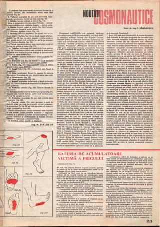•
L
-
3. Liraken: faţa anterioară a pumnului tormat ca şi
pentru Seiken, dar încheietura miinii este lejer
extinsă (fig. 9).
4. Tettsui: suprafaţa de şoc este eminenţa hipo-
tenară a pumnului, format ca mai sus (fig. 10).
5. Shlito: bordul cubital al mîinii (fig. 11).
Mîna şi antebraţul sint coaxiale. Policele - aplicat
la baza arătătorului; celelalte degete - strins unite.
6. Haito: bordul radial al miillii (fig. 1·2). Policele
este puternic flexat in podul palmei.
7. Haishu: spatele miinii (fig. 13).
8. Nukite: virfurile degetelor. Se poate lovi cu un
deget (lppon-Nukite, fig. 14); cu două degete (Nihon-
Nukite, fig. 15) sau cu patru degete - strins unite şi
lejer pliate, astfel incit virfurile lor să fie pe aceeaşi
linie (Yonhon-Nukite, fig. 16).
9. Toho: suprafaţa de şoc este cuprinsă in unghiul
format de police şi index (fig. 17).
10. Teisho: porţiunea cărnoasă de la baza palmei
(fig. 18). Incheietura miinii este extinsă la maximum;
degetele sint indoite la prima falangă şi policele este
aplicat la baza arătătorului.
11. Koken: spatele incheieturii miinii puternic fle-
(fig. 19).
12. Sieryuto (fig. 20). Se loveşte cu baza bordului
cubital al miinii puternic pliată in plan frontaJ.
13. Ketto (fig. 21): baza bordu1ul radial al miinii,
pliată invers ca in Seiryuto.
14. Empi: cotul (fig. 22). Antebraţul este flexat la
maximum.
15. Ude: antebraţul, folosit in special in tehnica
blocajelor. Suprafaţa de şoc: bordul radial sau cubi-
ţal al antebralului (fig, 23).
16. Hiza: genunchiul (fig. 24).
17. Koahi: suprafaţa anterioară a tălpii piciorului
(fig. 25). Glezna extinsă la maximum şi degetele ridi-
.cate puternic.
18. Kakato: călciiul (fig. 26). Glezna flexată la
•
maxImum.
19. Sokuto: bordul exterioral labei piciQ.rului (fig. 27).
Glezna este indoită lateral, astfel incit bordul exte-
rior să fie paralel cu solul.
20. Teisoku: suprafaţa de şoc este planta labei
piciorului (fig. 28).
II. Puncte vitale. Din cele aproape o sută de
puncte vitale pe care le prezintă corpul omenesc,
~ le prezentăm (in fig. 29) pe cele permise a fi vizate in
shiai (competiţia sportivă).
•
Pentru simplificare, corpul omenesc este Împărtit
in trei nivele: Jodan (nivelul superior - regiunea
capului şi a gitului); Chudan (nivelul mijlociu - re-
giunea toracică şi abdominală) şi Gedan (nivelul
inferior - regiunea subabdominaIă).
In numărul viitor: poziţii şi deplasări.
Ing. N. BIALOKUR
,FIB.11
fiti 1.1
.rJS.24
r/tJ.25
L..-
J=/tJ.27
Programul «APOLLO» s-a incheiat, neoficial,
prin amerizarea, la 19 decembrie 1972, ora 19,24 GMT,
a ultimului echipai, format din Eugene Cernan,
Ronald Evans şi Harrison Schmitt; incheierea ofi-
cială va fi consemnată ulterior, odată cu prelucrarea
ultimelor rezultate prilejuite de această căIătdrie
spaţială. Programul «APOLLO» declanşat in mai
1961 prin inter.ventia fostului. preşedinte Kenneay
a avut o pregătIre de şapte ani, în ultimii patru fiind
efectuate 11 lansări cu echipaje formate din cite
trei astronauţi, din care două au inconjurat Luna,
pe care, pină la ora scrierii acestor rinduri, au păşit
zece astronauţi (dacă «Apollo»-17 se desfăşoară
conform planului Înseamnă că vor fi 12!). Trei astro-
nauţi au repetat drumul spre Selena: J.A. Lovell,
la bordul navelor «Apollo»-8 şi 13; J.W. Young
pe «Apollo»-10 şi 16; E.A. Cernan pe «Apollo»-10
şi 17! Primii oameni care au aselenizat, Armstrong
şi Aldrin, au depus o placă pe care scria: «Am sosit
in pace pentru intreaga umanitate!». Ultimele trei
echipaje beneficiază de serviciile unui electromobil
denumit Rover; fiecare punct de alunizare a devenit
sediul numeroaselor aparate aduse de pe Terra,
unele dintre ele cu funcţionare indelungată. De pe
Lună au fost recoltate 268 kg de rocă şi materie
lunară (mai puţin cele aduse de «Apollo>)-17). Pentru
acest program au lucrat cca 500 000 de angajaţi,
in perioada efortului maxim (1966), iar dacă se au in
vedere furnizorii şi subcontractorii N.A.S.A., plus
unele industrii anexe, atunci efectivul se ridică la
10 milioane! Complexul «Apollo» cu cele 3 milioane
de piese a folosit cea mai puternică rachetă, «Sa-
turn»-5, inaltă de 110 metri (cît o clădire cu 36 de
nivele!), ale cărui motoare dezvoltă 300 de milioane
de cai putere, adică echivalent cu puterea totală a
600 de avioane moderne cu reacţie! Acest colos cu
trei etaje reactive poate lansa pe o orbită circum-
terestră o greutate de 120 de tone, sau pe o orbită
geostaţionară 28 de tone. Spre Lună au fost lansate
complexuri «Apollo» de cca 45 de tone. La bordul
acestor nave au luat loc echipajele formate din
astronauţii: Frank Borman, James Lovell şi William
Anders «<Apollo»-8,21-27 decembrie 1968); James
McDivitt, David R. Scott, Russell L Schweickart
«<Apollo»-9, 3-13 martie 1969); Thomas P. Stafford,
John W .. Young, Eugene A. Cernan «<Apollo>)-10,
18-25 mal 1969)jJames A. Love" jr., Fred W. Haise ir.,
John L Swigert jr. «<Apollo»-13, 11-17 aprilie 1970);
Alan B. Shepard, Stuart A. Roosa, Edgar D. Mitchell,
«<Apollo»-14,31 ianuarie - 9 februarie 1971); David
R. Scott, Alfred M. Worden, James Bensen Irwin
«<Apollo»-15, 26 iulie-7 august 1971), «<Apollo»-16,
16-27 aprilie 1972). Programul «Omul pe Lună»
deşi extrem de costisitor, a constitu it expresia desă~
virşită a capacităţi lor geniului uman de a pătrunde
•
Cont. dr. ing. F. ZAGANESCU
şi a umaniza Cosmosul.
Anul 1973 este anul declanşării, la nivele deosebite
fără indoială, a trei mari programe de cercetări spa-
ţiale: lansarea sateliţilor artificiali imenşi, cu rol de
laborator orbital (de tip «Skylab» sau «Saliut»);
inceperea construirii primelor nave spaţiale cu desti-
naţie Pămint-staţie satelit-Pămint şi demararea for-
midabilei cooperări sovieto-americane, destinată
operaţiilor de salvare a astronauţilor pe orbită.
Programul «Skylab» prevede lansarea pe orbită,
pentru primele 28 de zile de lucru in Cosmos, a
echipajului care va lua startul la 1 mai 1973, o zi după
ce o rachetă «Saturn»-5 va plasa pe orbită primul
laborator spaţial american. Acest complex spaţial
locuit va fi cea mai mare realizare americană de acest
fel: lungimea - 14,6 m; diametrul - 6,7 m; volumul
interior - 270 mc.; greutatea totală - 25,2 tone.
Ambiţiosul program al navetei spaţiale, pentru care
N.A.S.A. are, rn fine, ca prin contractant (2,6 miliarde
de dolari!) firma «North American Rockwell», ~ema­
rează anul acesta cu construirea primului din seria
de 36 de motoare-racheta cu tracţiunea de 213 tone,
precum şi cu proiectarea primeia din setul de cinci
navete, care trebuie sa fie şi 'ncercată pină in 1976.
Programul prevede zboruri cu decolare orizontală
pentru aparatul orbital plnă in 1978, cind vor incepe
zborurile pilotate pe orbită, astfel incit sistemul să
fie omologat şi intrat In serviciu pină in anul 1!!ro!
lansările vor avea loc la bazele Cape Kennedy şi
Vandenberg; naveta va permite lansarea' de sateliti.
~ducerea cosmonavelor pe 1 erra. depanarea apara-
telor spaţiale avariate pe orbită, transportarea şi
plasarea pe orbita joase a unor materiale,precum şi
demararea unor misiuni ştiinţifice de scurtă durată.
Colaborarea americano-sovietică in domeniul cer-
cetării spaţiului, anul precedent intr-o fază
superioară, prevede demararea lucrărilor referitoare
la faptul că În 1975 pe orbită vor fi cuplate o navă
<tApollo» cu una de tip «Soiuz», prin intermediul
unui adaptor special. rn vara anului 1973 °echipă de
cosmonauţi americani va primi vizita colegilor lor
sovietici, cu care se vor antrena impreună in vederea
acestui program. Tot la Houston va sosi anul acesta
şi o machetă a navei «Soiuz»; astronauţii americani
intraţi În programul acestei cooperări vor incepe in
curind studiul limbii ruse, a declarat directorul
N.A.S.A., dr. James Fletcher. Ansamblul format din
«Apollo» şi «Soiuz» şi adaptorul de cuplare va
evolua cca 5 zile pe orbită, in care timp se vor face
schimb de astronauţi şi alte experienţe in comun;
ulterior, «Soiuz» va ateriza, iar la 4 5 zile va ameriza
şi cabina din complexul «Apollo». In acest fel, vara
anului 1973 va intra În istoria cooperării cosmice
internaţi,onale.
BATERIA DE ACUMULATOARE..,
VICTIMA A FRIGULUI
(URMARE DIN PAG. 17)
3/4 oră, dar atenţie, bateria supusă acestei operaţii
va trebui să fie In stare «excepţională», astfel se va
degrada Tntr-un timp foarte scurt.
Indiferent de felul cum se va reincărea bateria,
trebuie să se scoată Inainte de relncăreare toate
buşoanele (dopurile). In acest timp să nu se folosească
nici un fel de flacără In Incăperea respectivă.
In timpul incărcării se va observa ea temperatura
bateriei să nu depăşească 4o"C.
Nu putem incheia acest articol fără a menţiona regu-
lile generale (dar necesare) pr.lvind întreţiner.a
bateriei. Aceste reguli sint următoar.I.:
- menţinerea bateriei In stare Incărcată tot timpul;
- curăţirea perfectă a punţilor de legătură, a borne-
lor, a bacului şi a buşoanelor (inClusiv desfundarea
lor) de aerisire, pentru a nu favoriza eventualele
pierderi de curent;
- ungerea bornelor şi a ,unţilor de legătură cu un
strat subţire de vaselină farmaceutică;
- stringerea corectă a cablului de la electromotorul
de pornire şi a celui de masă;
- ştergerea bateriei (cInd este necesar) cu ajutorul
unei cirpe muiate Intr-o soluţie cu 10% amoniac, pen-
tru a neutraliza picăturile fine de electrolit etc. aflate
pe suprafaţa bateriei sau pe bac;
- evitarea totală a aşezării de piese metalice pe
baterie, deoarece se pot produce scurtcircuite care duc
la deteriorarea sa:
- constatarea stării de Încărcare a bateriei se va
face numai cu densimetrul sau voltmetrul; este inter-
zisă legarea (chiar oentru timp scurt) celor două borne
cu ajutorUl unei sIrme, deoarece se formează scurt-
circuit, care poate să producă aprinderi, răniri sau
descărcări rapide ale bateriei;
- dacă electrolitul este prea concentrat (depăşind
32° Baum6), dar trebuie completat plnă la nivel cu
apă distilată, se va Incărea imediat bateria cu un
curent redus sau se va pune motorul In funcţiune,
efectulndu-se un drum de 1/2 oră; aceasta va fnlătura
pOSibilitatea rnghetării apei care rămine un anumit
timp la suprafata electrolitului şi va evita spargerea
bacului;
- In timpul iernii, bateria se va ţine la căldură (+ 18"C)
noaptea, la automobilele aflate In circulaţie şi garate
sub cerul liber.
Pentru o economie rău Inţeleasă, mulţi posesori de
automobile folosesc «mijloac. miraculoas.» pentru
regenerarea bateriei, recomandate de profani, care
duc la distrugerea ei. In acest caz trebuie să se adrese-
ze la atelierele de specialitate.
Bateriil. noi format. de către fabrică, dar livrate
uscate, atunci cind se pun in funcţiune, se vor comple-
ta cu electrolit, dar nu se vor Incărca, respectlndu-se
Intocmai instrucţiunile date de fabrică.
Bateriile noi neformate se vor completa cu elec-
trolit, Iăsindu-se apoi 5-6 ore, după care se va proceda
la Incărcarea lor, la un atelier de speCialitate, respec-
tindu-se şi in acest caz instructiunile date de fabrică.
Iarna, dacă nu se circulă cu automobilul, se reco-
mandă ca bateria să fi. depozitatA Intr-o cameră cu
temperatura de +18"C. Ea va fi Tncărcată periodic, la
30--40 zile sau după indicaţiile fabricii respective.
23
•
 