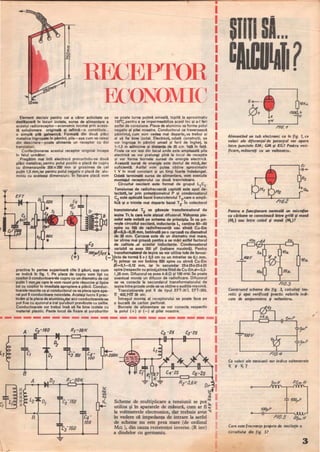 f
Element decisiv pentru cei a căror activitate se
desfăşoară in locuri izolate, sursa de alimentare a
acestui radioreceptor-economic tocmai prin aceas-
ta soluţionare originala şi ieftină-o constituie...
o simplă pili galvanică. Formata din două plăci
metalice ingropate in pamint, pila-aşa cum va reieşi
din descriere-poate alimenta un receptor cu doi
tranzistori.
Confecţionarea acestui receptor ·original incepe
in felul următor:
.Pregătim mai intii electroLii procurindu-ne două
plăci metalice; pentru polul pozitiv o placa de cupru
cu dimensiunile 200 X 350 mm şi grosimea de cel
puţin 1,5 mm,iar pentru polul neSlativ o placa de alu-
miniU cu aceleaşi dimensiuni. In fiecare placa vom
EFT
....60k
•
IJ
-
•
se poate turna puţină smoala, topită la aproximativ
13<f'C,pentru a se impermeabiliza acest loc şi a-I feri
astfel de coroziune. Placa de aluminiu va forma polul
negativ al pilei noastre. Conductorul ce traversează
pămintu~ cum vom vedea mai departe, va trebui şi
el să fie bine izolat Electrozi~ odată construiţi, se
vor ingropa in pămint umed şi ferit de ingheţ, la
1-1,5 m adincillie şi distan1a de 35 cm. faţa in faţă.
Firele ce vor ieşi din locul unde este amplasată pila
electrica se vor prelungi pină la locul de recepţie
şi vor forma bornele sursei de energie electrica.
Această sursă de energie este destul de mica.dar
suficientă. Astfel vom putea obţine aproximativ
1 V in mod constant şi un timp foarte indelungat.
termiMltă sursa de alimentare, vom executa
montajul receptorului cu două tranzistoare.
Circuitul oscilant este format de grupul L,C
1
·
Tensiunea de radiofrecvenţ6 captată este apoi de-
tectata, iar prin potenţiometrul P şi cOndensatorul
Ca este aplicata bazei tranzistorului T17care o ampli-
fica şi o trimite mai departe bazei T2" ln colectorul
tranzistorului T2 se glseşae transformatorul de
ieşire Tr.1a care este atasat difuzorul Valoarea pie-
selor notală pe schema de principiu. 1n ce pri-
veşte circuitul oscilant, inductan1a '-t conţine fiO.--aO
splre cu 1/fI de radiofrecvenţă sau sTrm! Cu-Em
QJ-().3 0,35 mm, boblnatA pe o carcasl cu diametrul
401<
•
de 30 mm. Carcasa este de un diametru mai mare,
iar sirma mai groasă pentru a se mări astfel factorul
C5 de calitate,al acestei Inductanţe. Condensatorul
variabil va avea 500 pF (valoare maximă). Pentru
10D.JIF/f2'1 transformatoru1 de ieşire se vor utiliza tole de ferosi-
(+) (-)IiCiu de formă E+I 0,5 cm cu un Intretier de 0,1 mm.
ln primar se vor bobina 600 spire cu sirmă Cu-Em
practica In partea superioară cite 3 găuri, aşa cum
se indica in fig. 1. Pe placa de cupru vom lipi cu
cositor 3 conductoaretde cupru cu un diametru de cel
puţin 1 mm,pe care le vom reuni prin răsucire şi lipire
tot cu cositor in imediata apropiere a plăcii. Conduc-
toarele reunite ca şi conductorul ce va pleca spre apa-
rat pot fi conductoare neizolate. Acelaşi lucru il prac-
ticăm şi la placa de aluminiuJdar aici conductoarele se
pot fixa cu ajutorul a trei şuruburi prevăzute cu şaibe.
Conductoarele vor trebui insă să fie bine izolate cu
material plastic. Peste locul de fixare al şuruburi lor
.0=O,1~,12 mm, iar in secundar 25+25+-25+25
spire (respectiv cu prize),sirma fiind de Cu-Ems=O,3-
(,35 mm. Difu%orul va avea 4-8 n şi 100 mw' Se poate
eventual monta un difuzor de radioficare. Difuzorul
se va conecta la secundarul transformatorului de
ieşire intre prizele unde se va obţine o audiţie maximă.
Tranzistoarele pot fi de tipul EFT-317, EFT-353,
IT 402, MlT·39 etc.
lntregul montaj al receptorului se poate face pe
o bucată de carton perforat
Bornele de alimentare se vor conecta respectiv
la polul C+) şi (-) al pilei noastre.
. -P-----------~~-------- -
C,
0(11
II
II
II
II
'---
A
B
-160
C,
D
L2 D,
B
--•
C4-
tbO
CZ-25 Cr25
--•
Scheme de multiplicare a tensiunii se pot
utiliza şi in aparatele de măsură, cum ar fi ~
la voltmetrele electronice, dar trebuie avut'"
in vedere că .impedanţa de intrare la astfel
de scheme nu este prea mare (de ordinul
M.n ), din cauza rezistenţei inverse. (R inv)
a diodelor cu getmaniu.
I
I
I
I
I
I
I
I
I
I
I
I
I
I
I
I
I
I
I
I
I
I
I
I
I
I
I
I
I
I
I
I
I
I
I
III
•
60- fOICn.
+
fl6.-1
Alimentind un tub electronic ClJ in fig. 1, ce
valori ale diferenţe; de potenţial vor apare
intre punctele KM; GM şi KG? ven-
ficare, măsuraţi cu un voltmetru.
------.cC'
r/(i.2
Pentru o funcţionare nonnald ... microfon
cu cărbune se conectează intre ftiM P masei
(1.) sau intre catad p masă (~)?
fD.Jl.
fI1IJy
20.9..
•
ConstrUInd schullo din fig. 3, calculaţi tu>-
retic şi apoi verificaţi practic valorile indi-
cate de ampennetru ; voltmetru.
*1"-F
~"f{){)V
Ce valori ale tensiunii vor indica voltmetrele
~ şi ~?
100pF
~Q--II Fiti 5
Care este frecvetlţ.o proprie de osdlaţie a
circuitulri din fig. 57
3
 