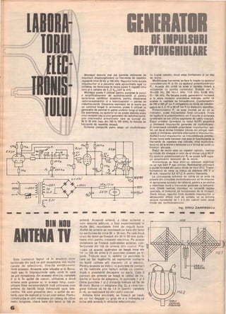 fK.R.
Montajul descris mal JOS permite obţinerea. de
impulsuri dreptunghiulare cu frecvenţa de repetiţie
reglabilă intre 50 Hz şi 100 kHz. Raportul intre durata
impulsurilor şi a pauzelor este aproximativ egal cu
unitatea, iar tensiunea la ieşire poate fi reglată intre
zero şi o valoare de 2...3 VIV(virf la virf).
Montajul poate fi utilizat pentru punerea la punct
a amplificatoarelor de audiofrecvenţă şi pentru
aprecierea calităţilor acestora, pentru depanarea
rad ioreceptoarelor şi a televizoarelor - partea de
videofrecvenţă. Deoarece semnalul de la ieşire are
un conţinut bogat in armonice, poate fi utilizat ca
generator de semnal in gama undelor lungi şi medii.
De asemenea, cu ajutorul lui se poate etalona scala
unui receptor sau a unui generator de radiofrecventă,
prin intermediul armonicelor care se succed din
50 in 50 kHz (sau din 100 in 100 kHz), in funcţie de
frecvenţa de repetiţie aleasă.
Schema comportă patru etaje: un multivibrator
221<s...
•
{l-x07TJ -o /EŞIfU
o
)-""250V
30 .-~
o o L-e:.i
mA S6'1;>
...
- - - - - - - - - - - - -- -
Este cunoscut faptul că În anumitE' zone
teritoriale din ţară se pot recepţiona ma, multe
canale de televiziune, direcţia emiţătoarel o r
fiind aceeaşi. Aceasta este situaţia şi În Bucu-
reşti sau În Împrejurimile sale, zonă În care
se pot recepţiona, din aceeaşi direcţie, canalele
2 şi 4. in astfel de cazuri, utilizarea a două
antene este greoaie şi, in acelaşi timp, costi-
sitoare. Este recomandabilă Însă utilizarea unei
antene de bandă largă Îndreptată spre tele-
centru. Vă vom prezenta deci. o astfel de an-
tenă, uşor de realizat şi cu un cost redus. Pentru
construcţia ei sînt necesare un catarg de ciţiva
metri lungime, citeva bare din lemn şi liţă de
6
antenă. Această antenă, a cărei schemă o
vom descrie alăturat, a fost experimentată in
multe ţări, rezultatele fiind de regulă bune.
Astfel de antene se montează pe bare din lemn
cu secţiunea de circa 30 x 30 mm. Pe cele două
cruci de lemn se fixează din 50 in 50 mm izola-
toare mici pentru instalaţii electrice. Pe aceste
izolatoare se fi xează «pătratele» antenei, con-
fecţionate din liţă de antenă (din cupru). Pre-
Cizăm că aceste «pătrate» se leagă intre ele
tot cu liţă de antel ă in punctele arătate pe ti-
gură. Trebuie avut in vedere ca punctele in
care se fac legăturile să reprezinte contacte
de bună calitate atît mecanic cit şi electric.
Pentru aceasta se indică ca punctele de contact
să fie realizate prin lipituri solide cu cositor,
după o prealabilă decapare cu saciz. Cele 2
panouri ale antenei se leagă la cablul de co-
borîre şi bucla de adaptare, În punctele 1 şi 2
(intre punctele 1 şi 2 distanţa trebuie să fie de
60 mm). Bucla de adaptare (fig. 2), a cărei lun-
gime trebuie să fie de 1,9 m (pentn; canalele
2-4), se realizează tot din cablu coa xial.
Antena bine ancorată, se fixează pe casă,
pe un loc degajat cu grija de a o Îndrepta, ca
orice altă antenă, În direcţia telecentrului.
cu cuplaj catodic, două etaje limitatoare şi un etaj
de ieşire.
Modificarea frecvenţei se face În trepte cu ajutorul
comutatorului K şi fin cu ajutorul potenţiometrului
P,. Acesta din urmă va avea o variaţie liniară a
rezistenţei cu poziţia cursorului. Scalele vor fi:
50+250 Hz; 250 Hz+-1 kHz; 1+5 kHz; 5+26 kHz;
25-100 kHz. Pe fiecare scală, generatorul lucrează
şi În afara limitelor orientative indicate, astfel că
scalele În realitate se Întrepătrund. Condensatorii
de 100 şi 500 pF vor fi obligatoriu cu mică, iar conden-
satorii de 2,2; 10 şi 50 nF vor fi cu dielectric styroflex.
Potenţiometrul P1 va avea montat pe ax un ac
indicator, scala frecvenţelor fiind circulară. Firele
de legătură la potenţiometru vor fi scurte şi ecranate
(preferabil se vor utiliza segmente de cablu coaxial).
Etajul următor (prevăzut cu tubul 6J1 P) amplifică
şi limitează impulsurile generate de multivibrator.
EI inversează totodată polaritatea impulsurilor; ast-
fel, cel de-al doilea limitator (dioda din stinga) reali-
zează şi limitarea celeilalte alternanţe a impulsurilor.
Astfel,frontul impulsurilor se imbunătăţeşte simţitor.
Acest lucru este necesar mai ales În funcţionarea la
frecvenţe de repetare mai ridicate, cînd multivibra-
torul nu dă la ieşire o tensiune cu o formă de undă cu
fronturi abrupte.
Etaj.ul de ieşire este un repetor catodic, realizat
cu trioda din dreapta a celui de-al doilea tub 6 N3 P.
Cu ajutorul potenţiometrului P2 se poate face regla-
Jul amplitudinii tensiunii de la ieşire.
Alimentarea se face dintr-un redresor stabilizat
cu un tub SG1 P sau similar. Redresarea utilizează
o punte formată din patru diode de tipul D7J. Trans-
formatorul de reţea va trebui să debiteze 250 V şi
30 mA, respectiv 6,3 V/1:2 A pentru filamente.
La conceperea schemei de cablaj se va evita ca
piesele din circuitele multivibratorului să fie dispuse
in apropierea surselor de căldură, pentru a se obţine
o stabilitate bună a frecvenţei generate cu tempera-
tura. Odată realizat, montajul nu necesită reglaje
speciale, el trebuind să funcţioneze de la Început.
Dacă, totuşi, raportul intre duratele impulsurilor şi
ale pauzelor diferă mult de unitate, se va acţiona
asupra rezistenţei de 1 k l2 din catozii celor două
triode ale mu'tivibratorului.
Ing. DINU ZAMFIRESCU
- - - -
•
1
r/6.2
"':::::::r-C~CA8Lu
COAXIAL
COBORIRE
- - -
FIG. 1
 