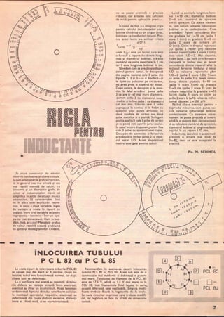 •
•
O
•
In orice construcţii de amator
intervin totdeauna si CÎteva calcule.•
Şi cum soluţionările grafice reprezin-
tă În general cea mai sim plă şi cea
mai rapidă metodă de calcu 1, s-a
tntocmit şi un dispozitiv grafic de
calcul al inductanţelor menit să
simplifice În astfel de situaţii munca
amatorilor. Să caracterizăm Însă
nu În afara unei explicitări teore-
•
tice. In cazul a două variabi le, legea
de variaţie a uneia În raport cu
cealaltă Între trei variabile se poate
• •
reprezenta-teoretlc-mtr-un spa-
ţiu cu trei dimensiuni. Cum proce-
dăm, Însă, practic! Metodele grafice
de calcul rezolvă această problemă
cu ajutorul monogramelor. Evident,
)p~
0,1)3
o,Oit
0,05
D,Or
0,1
o
nu se poate pretinde o precizie
ridicată, dar eroarea este suficient
de mică pentru aplicaţiile practi....
in cazul de faţă s-a imaginat rigla
pentru calculul inductanţelor unor
bobine cilindrice cu un singur strat,
bobinate cu conductor rotund. Pen-
tru acest lucru s-a utilizat relaţia
n2D2.1
L( N) = ((..1.) __
JJ O 1&
unde f(t) este un factor care este
o funcţie a raportului dintre lung.·
mea şi diametrul bobinei, r. 9 este
numărul de spire raportate la 1 cm,
iar I este lungimea bobinei În cm.
Să vedem cum se pregăteşte dispo-
zitivul pentru calcu 1. Se decu pează
din pagina revistei cele 3 şaibe din
figurile 1, 2 şi 3-cu o foarfecă-şi
le lipim cu pelicanol pe un carton,
nu prea gros, o copertă de dosar.
După uscare, le decupăm şi le mon-
tăm În felul următor: peste şaiba
3 ce are si cel mai mare diametru,•
punem şaiba 2 cu diametrul inter-
mediar şi Înfine,şaiba 1 cu diametrul
cel mai mic. Găurim cele 3 şaibe
suprapuse În centru şi le fixăm cu
ajutorul unui şurub prevăzut cu
două rondele de carton sau două
şaibe metalice şi o piu liţă. Strîngem
piuliţa aşa ÎnCÎt cele 3 şaibe de carton
să se poată roti uşor În jurul axului.
•
In cazul În care dispunem,putem fixa
cele 3 şaibe cu ajutorul unei capse.
Decupăm de asemenea şi ferăstruia
prevăzută În Iim bul şaibei 2 cu repe-
rul notat l/D. Acum dispozitivul
nostru este gata pentru calcu 1.
Luînd ca exemplu lungimea bobi-
nei 1=10 cm; diametrul bobinei
D=5 cm; numărul de spirelcm
n=10 spire/cm. Cu aceste elemen-
te, vom calcula valoarea inductanţei
bobinei ce o confecţionăm. Cum
procedăm 1 Facem coincidenţa din-
tre gradaţia lui 1=10 cm (şaiba 1
scara I (cm» cu gradaţia D=5 cm
(şaiba 2 scara de cu loare gri
D (cm». Citim În dreptul reperului
IID (şai ba 2 reper gr.i) valoarea
acestui raport (şaiba 1 scara I (cm»
deci citim I/D=2. Mai departe,
fixăm şaiba 2 aşa ÎnCÎt prin fereastra
decupată În Iim bul său să facem
cOlilcidenţa d intre reperul aflat la
mijlocul ferestrei limbului şi notat
IID cu valoarea raportu lui găsit
I/D=2 (şaiba 3 scara I/D). Ţinem
cu mîna fix şaiba 2 şi facem coinci-
denţa dintre gradaţia 1=10 cm
(şaiba 1 scara 1/cm) cu gradaţia
D=5 cm (şaiba 2 scara D (cm) de
cu loare neagră) şi la gradaţia n =1 O
Splcm (şaiba 1 scara n) citim pe
şaiba 3 scara L (JJN) valoarea induc-
tanţei căutate: L=200 JJN.
FăCÎnd CÎteva exerciţii pentru a
deprinde mÎnuirea, vom putea cal-
cula valoarea inductanţei bobinei
confecţionate. Cu oarecare antre-
nament se poate proceda şi invers,
ad ică la o valoare dată de ind uctanţă
să se calculeze numărul de spirelcm,
diametrul bobinei şi lungimea bobi-
najului la un raport IID ales.
Inductanţa calculată În acest mod
prezintă o eroare mai mică de
1-+)010 ceea ce este acceptabil În
practică .
Fiz. M. SCHMOL
2
- - - - - - - - -- - - - - - - - - - - - -
"
INLOCUIREA TUBULUI
P C L 82 cu P C L 85
La unele tipuri de televizoare tuburile PCL 82
se uzează mai des deCÎt ar fi normal. După În-
locuire, tubul nou funcţionează normal, iar după
CÎteva luni se defectează.
La o verificare mai atentă se constată că tu bu-
riie defecte au izolaţie scăzută Între electrozi,
eventual au chiar un scurtcircuit. Acest fenomen
se datorează faptului că tubul este foarte solicitat
În montajul aparatului respectiv, electrozii se
deformează din cauza căldurii excesive, distanta•
Între ei fiind mică, şi se scurtcircuitează.
Recomandăm În asemenea cazuri Înlocuirea
tubului PCL 82 cu PCL 85. Acest tub este de o
construcţie mai modernă şi debitează o putere
mai mare. Tensiunea de filament de la PCL 85
este de 17,5 V, adică cu 1,5 V mai mare ca la
PCL 82, Însă filamentele fiind legate În serie,
această diferenţă este realizabilă. Singura modi-
ficare trebuie făcută la legăturile de la soclu.
Se vede circuitul imprimat care trebuie modifi-
cat, iar legătura se face cu sîrmă de conexiune
izolată. .
[lJ
4
1
@]
.
.=
PCL 85
D=
PCL 82
•
 