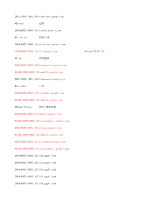 2401:3800:c001::68 translate.google.cn

#Trends            趋势

2404:6800:8005::63 trends.google.com

#Directory         网页目录

2404:6800:8005::8a directory.google.com

2404:6800:8005::8a dir.google.com            #Google 网页目录

#Blog              博客搜索

2404:6800:8005::63 blogsearch.google.com

#2404:6800:8005::63 www2.l.google.com

2401:3800:c001::68 blogsearch.google.cn

#Calendar          日历

2404:6800:8005::64 calendar.google.com

#2404:6800:8005::64 www3.l.google.com

#Photo/Picasa      照片/网络相册

2404:6800:8005::5d photos.google.com

#2404:6800:8005::5d picasaweb.l.google.com

2404:6800:8005::63 picasa.google.com

#2404:6800:8005::63 www2.l.google.com

2404:6800:8005::be picasaweb.google.com

#2404:6800:8005::be picasaweb.l.google.com

2404:6800:8005::62 lh0.ggpht.com

2404:6800:8005::62 lh1.ggpht.com

2404:6800:8005::62 lh2.ggpht.com

2404:6800:8005::62 lh3.ggpht.com

2404:6800:8005::62 lh4.ggpht.com
 