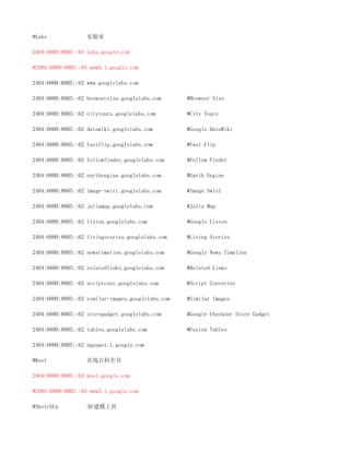 #Labs              实验室

2404:6800:8005::65 labs.google.com

#2404:6800:8005::65 www3.l.google.com

2404:6800:8005::62 www.googlelabs.com

2404:6800:8005::62 browsersize.googlelabs.com      #Browser Size

2404:6800:8005::62 citytours.googlelabs.com        #City Tours

2404:6800:8005::62 datawiki.googlelabs.com         #Google DataWiki

2404:6800:8005::62 fastflip.googlelabs.com         #Fast Flip

2404:6800:8005::62 followfinder.googlelabs.com     #Follow Finder

2404:6800:8005::62 earthengine.googlelabs.com      #Earth Engine

2404:6800:8005::62 image-swirl.googlelabs.com      #Image Swirl

2404:6800:8005::62 juliamap.googlelabs.com         #Julia Map

2404:6800:8005::62 listen.googlelabs.com           #Google Listen

2404:6800:8005::62 livingstories.googlelabs.com    #Living Stories

2404:6800:8005::62 newstimeline.googlelabs.com     #Google News Timeline

2404:6800:8005::62 relatedlinks.googlelabs.com     #Related Links

2404:6800:8005::62 scriptconv.googlelabs.com       #Script Converter

2404:6800:8005::62 similar-images.googlelabs.com   #Similar Images

2404:6800:8005::62 storegadget.googlelabs.com      #Google Checkout Store Gadget

2404:6800:8005::62 tables.googlelabs.com           #Fusion Tables

2404:6800:8005::62 appspot.l.google.com

#Knol              在线百科全书

2404:6800:8005::65 knol.google.com

#2404:6800:8005::65 www3.l.google.com

#SketchUp          3D 建模工具
 