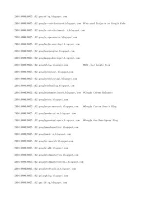 2404:6800:8005::62 gearsblog.blogspot.com

2404:6800:8005::62 google-code-featured.blogspot.com   #Featured Projects on Google Code

2404:6800:8005::62 google-entertainment-it.blogspot.com

2404:6800:8005::62 google-opensource.blogspot.com

2404:6800:8005::62 googleajaxsearchapi.blogspot.com

2404:6800:8005::62 googleappengine.blogspot.com

2404:6800:8005::62 googleappsdeveloper.blogspot.com

2404:6800:8005::62 googleblog.blogspot.com             #Official Google Blog

2404:6800:8005::62 googlecheckout.blogspot.com

2404:6800:8005::62 googlecheckoutapi.blogspot.com

2404:6800:8005::62 googlechinablog.blogspot.com

2404:6800:8005::62 googlechromereleases.blogspot.com   #Google Chrome Releases

2404:6800:8005::62 googlecode.blogspot.com

2404:6800:8005::62 googlecustomsearch.blogspot.com     #Google Custom Search Blog

2404:6800:8005::62 googleenterprise.blogspot.com

2404:6800:8005::62 googlegeodevelopers.blogspot.com    #Google Geo Developers Blog

2404:6800:8005::62 googlemashupeditor.blogspot.com

2404:6800:8005::62 googlemobile.blogspot.com

2404:6800:8005::62 googleresearch.blogspot.com

2404:6800:8005::62 googletalk.blogspot.com

2404:6800:8005::62 googlewebmaster-cn.blogspot.com

2404:6800:8005::62 googlewebmastercentral.blogspot.com

2404:6800:8005::62 googlewebtoolkit.blogspot.com

2404:6800:8005::62 golangblog.blogspot.com

2404:6800:8005::62 gmailblog.blogspot.com
 