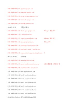 2404:6800:8005::8d ipgoto.appspot.com

2404:6800:8005::8d meme2028.appspot.com

2404:6800:8005::8d autoproxy2pac.appspot.com

2404:6800:8005::8d twitese2.appspot.com

2404:6800:8005::8d bang590.appspot.com

#Google APIs       开发接口服务

2404:6800:8005::62 chart.apis.google.com              #Google 图表 API

2404:6800:8005::5f *.googleapis.com

2404:6800:8005::5f translate.googleapis.com           #Google 翻译 API

2404:6800:8005::5f ajax.googleapis.com                #Ajax API

2404:6800:8005::5f googleapis-ajax.google.com

2404:6800:8005::5f googleapis-ajax.l.google.com

2404:6800:8005::5f commondatastorage.googleapis.com   #

#Google Hosted     托管服务

2404:6800:8005::84 www.googlehosted.com

2404:6800:8005::84 music.googleusercontent.com        #音乐播放器 专辑封面 等

2404:6800:8005::84 googlehosted.l.google.com

2404:6800:8005::62 base.googlehosted.com

2404:6800:8005::62 base0.googlehosted.com

2404:6800:8005::62 base1.googlehosted.com

2404:6800:8005::62 base2.googlehosted.com

2404:6800:8005::62 base3.googlehosted.com

2404:6800:8005::62 base4.googlehosted.com

2404:6800:8005::62 base5.googlehosted.com

#GoogleUserContent 用户自定义的 Google 服务
 