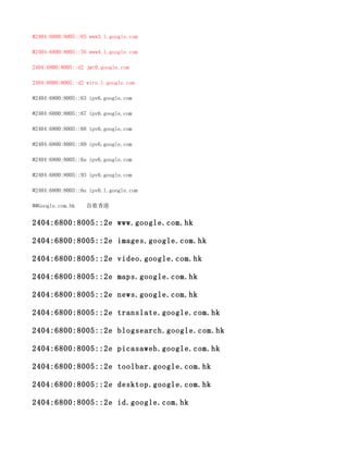 #2404:6800:8005::65 www3.l.google.com

#2404:6800:8005::76 www4.l.google.com

2404:6800:8005::d2 jmt0.google.com

2404:6800:8005::d2 wire.l.google.com

#2404:6800:8005::63 ipv6.google.com

#2404:6800:8005::67 ipv6.google.com

#2404:6800:8005::68 ipv6.google.com

#2404:6800:8005::69 ipv6.google.com

#2404:6800:8005::6a ipv6.google.com

#2404:6800:8005::93 ipv6.google.com

#2404:6800:8003::6a ipv6.l.google.com

##Google.com.hk    谷歌香港


2404:6800:8005::2e www.google.com.hk

2404:6800:8005::2e images.google.com.hk

2404:6800:8005::2e video.google.com.hk

2404:6800:8005::2e maps.google.com.hk

2404:6800:8005::2e news.google.com.hk

2404:6800:8005::2e translate.google.com.hk

2404:6800:8005::2e blogsearch.google.com.hk

2404:6800:8005::2e picasaweb.google.com.hk

2404:6800:8005::2e toolbar.google.com.hk

2404:6800:8005::2e desktop.google.com.hk

2404:6800:8005::2e id.google.com.hk
 
