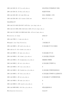 2001:da8:208:10::19 ltx.ustb.edu.cn                     #北京科技大学离退休老干部处

2001:da8:208:10::19 bbs.ustb.edu.cn                     #幻想空间 BBS

2001:da8:208:100::121 www.52v6.com                      #52v6 我爱威六 USTB

2001:da8:208:100::122 tracker.52v6.com                  #52v6 PT flicker

#北京邮电大学

2001:da8:215:4010:250:56ff:fe87:61ec iptv.bupt.edu.cn

2001:da8:215:4030:c892:13e6:ba3e:13d0 officetv.bupt.edu.cn

2001:da8:215:4030:110:5980:84a0:186c officetv.bupt.edu.cn

#University of Jinan                                    济南大学

2001:da8:7005:1::1 www.ujn.edu.cn                       #

#Shanghai Jiao Tong University                          上海交通大学

2001:da8:8000:1::80 ipv6.sjtu.edu.cn                    #上海交通大学 IPv6 实验站

2001:da8:a4:ff::84 video6.sjtu.edu.cn

2001:da8:8000:1::81 www.sjtu.edu.cn                     #上海交通大学主页

2001:da8:8000:1::82 alumni.sjtu.edu.cn                  #上海交通大学校友网

2001:da8:8000:1::83 shipmuseum.sjtu.edu.cn              #船舶数字博物馆

2001:da8:8000:1::84 net.sjtu.edu.cn                     #上海交通大学网络中心

2001:da8:8000:1::85 icae.sjtu.edu.cn                    #

2001:da8:8000:1::86 foundation.sjtu.edu.cn              #上海交通大学教育发展基金会

2001:da8:8000:1::87 wlan.sjtu.edu.cn                    #上海交通大学网络中心无线网首页

2001:da8:8000:1::88 ed.sjtu.edu.cn                      #上海交通大学 高等教育研究院

2001:da8:8000:1::89 smd.sjtu.edu.cn                     #

2001:da8:8000:5::239 search.sjtu.edu.cn                 #

2001:da8:8000:6003::161 bbs.sjtu.edu.cn                 #饮水思源 BBS 站

#Northeastern University                                东北大学
 