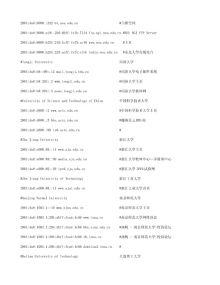 2001:da8:9000::232 bt.neu.edu.cn                         #六维空间

2001:da8:9000:a191:20d:60ff:fe1b:7514 ftp.ngi.neu.edu.cn #NEU NGI FTP Server

2001:da8:9000:b255:210:5cff:fef5:ac49 www.neu.edu.cn         #主页

2001:da8:9000:b255:223:aeff:fe71:efcb radio.neu.edu.cn       #东北大学在线电台

#Tongji University                                       同济大学

2001:da8:b8:190::12 mail.tongji.edu.cn                   #同济大学电子邮件系统

2001:da8:b8:205::2 www.tongji.edu.cn                     #同济大学主页

2001:da8:b8:205::3 news.tongji.edu.cn                    #同济大学新闻网

#University of Science and Technology of China           中国科学技术大学

2001:da8:d800::2 www.ustc.edu.cn                         #中国科学技术大学主页

2001:da8:d800::3 bbs.ustc.edu.cn                         #瀚海星云 BBS 站

2001:da8:d800::88 tv6.ustc.edu.cn                        #

#Zhe Jiang University                                    浙江大学

2001:da8:e000:88::11 www.zju.edu.cn                      #浙江大学主页

2001:da8:e000:89::99 media.zju.edu.cn                    #浙江大学校网中心--多媒体中心

2001:da8:e000:92::29 ipv6.zju.edu.cn                     #浙江大学 IPV6 试验网

#Zhe Jiang University of Technology                      浙江工业大学

2001:da8:e000:88::11 www.zjut.edu.cn                     #浙江工业大学首页

#Nanjing Normal University                               南京师范大学

2001:da8:1003:1::10 www.njnu.edu.cn                      #南京师范大学主页

2001:da8:1003:1:20b:dbff:fead:4c60 www.innu.cn           #南京师范大学网络协会

2001:da8:1003:1:20b:dbff:fead:4c60 bbs.njnu.edu.cn       #扬帆 - 南京师范大学|校园论坛

2001:da8:1003:1:20b:dbff:fead:4c60 v6.innu.cn            #扬帆 - 南京师范大学|校园论坛

2001:da8:1003:1:20b:dbff:fead:4c60 download.innu.cn      #

#Dalian University of Technology                         大连理工大学
 