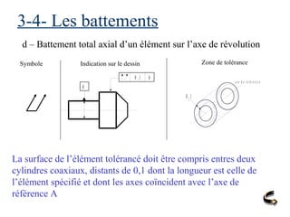 3-4- Les battements
d – Battement total axial d’un élément sur l’axe de révolution
Symbole Indication sur le dessin Zone de tolérance
La surface de l’élément tolérancé doit être compris entres deux
cylindres coaxiaux, distants de 0,1 dont la longueur est celle de
l’élément spécifié et dont les axes coïncident avec l’axe de
référence A
A
0 , 1 A
0 , 1
a x e d e r é f é r e n c e
 