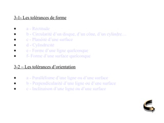 3-1- Les tolérances de forme
• a - Rectitude
• b - Circularité d’un disque, d’un cône, d’un cylindre…
• c - Planéité d’une surface
• d - Cylindricité
• e - Forme d’une ligne quelconque
• f- Forme d’une surface quelconque
3-2 – Les tolérances d’orientation
• a - Parallélisme d’une ligne ou d’une surface
• b - Perpendicularité d’une ligne ou d’une surface
• c - Inclinaison d’une ligne ou d’une surface
 