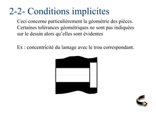 2-2- Conditions implicites
Ceci concerne particulièrement la géométrie des pièces.
Certaines tolérances géométriques ne sont pas indiquées
sur le dessin alors qu’elles sont évidentes
Ex : concentricité du lamage avec le trou correspondant.
 