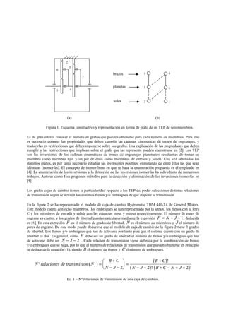 (a) (b)
Figura 1. Esquema constructivo y representación en forma de grafo de un TEP de seis miembros.
Es de gran interés conocer el número de grafos que pueden obtenerse para cada número de miembros. Para ello
es necesario conocer las propiedades que deben cumplir las cadenas cinemáticas de trenes de engranajes, y
traducirlas en restricciones que deben imponerse sobre sus grafos. Una explicación de las propiedades que deben
cumplir y las restricciones que implican sobre el grafo que las representa pueden encontrarse en [2]. Los TEP
son las inversiones de las cadenas cinemáticas de trenes de engranajes planetarios resultantes de tomar un
miembro como miembro fijo, y un par de ellos como miembros de entrada y salida. Una vez obtenidos los
distintos grafos, es por tanto necesario estudiar las inversiones posibles, eliminando de entre éllas las que sean
idénticas (isomorfas). El concepto de isomorfismo en que se basa la enumeración propuesta es el empleado en
[4]. La enumeración de las inversiones y la detección de las inversiones isomorfas ha sido objeto de numerosos
trabajos. Autores como Hsu proponen métodos para la detección y eliminación de las inversiones isomorfas en
[5].
Los grafos cajas de cambio tienen la particularidad respecto a los TEP de, poder seleccionar distintas relaciones
de transmisión según se activen los distintos frenos y/o embragues de que dispone la transmisión.
En la figura 2 se ha representado el modelo de caja de cambio Hydramatic THM 440-T4 de General Motors.
Este modelo cuenta con ocho miembros, los embragues se han representado por la letra C los frenos con la letra
C y los miembros de entrada y salida con las etiquetas input y output respectivamente. El número de pares de
engrane es cuatro, y los grados de libertad pueden calcularse mediante la expresión F N J= − −1, deducida
en [6]. En esta expresión F es el número de grados de libertad, N es el número de miembros y J el número de
pares de engrane. De este modo puede deducirse que el modelo de caja de cambio de la figura 2 tiene 3 grados
de libertad. Los frenos y/o embragues que han de activarse por tanto para que el sistema cuente con un grado de
libertad es dos. En general, como F debe ser un grado de libertad el número de frenos y/o embragues que han
de activarse debe ser N J− − 2 . Cada relación de transmisión viene definida por la combinación de frenos
y/o embragues que se haga, por lo que el número de relaciones de transmisión que pueden obtenerse en principio
se deduce de la ecuación (1), siendo B el número de frenos y C el número de embragues.
( )
( ) ( )
N relaciones de transmision N
B C
N J
B C
N J B C N J
rº ( )
!
! !
=
+
− −





 =
+
− − ⋅ + − + +2 2 2
Ec. 1 – Nº relaciones de transmisión de una caja de cambios.
2 1
3 4
5 6
brazos
planetas
soles
1
2
5
6
4
3
 