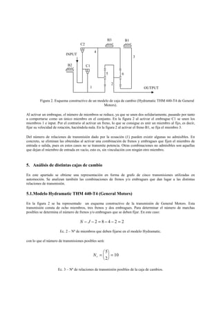 Figura 2. Esquema constructivo de un modelo de caja de cambio (Hydramatic THM 440-T4 de General
Motors).
Al activar un embrague, el número de miembros se reduce, ya que se unen dos solidariamente, pasando por tanto
a comportarse como un único miembro en el conjunto. En la figura 2 al activar el embrague C1 se unen los
miembros 1 e input. Por el contrario al activar un freno, lo que se consigue es unir un miembro al fijo, es decir,
fijar su velocidad de rotación, haciéndola nula. En la figura 2 al activar el freno B1, se fija el miembro 3.
Del número de relaciones de transmisión dado por la ecuación (1) pueden existir algunas no admisibles. En
concreto, se eliminan las obtenidas al activar una combinación de frenos y embragues que fijen el miembro de
entrada o salida, pues en estos casos no se transmite potencia. Otras combinaciones no admisibles son aquellas
que dejan el miembro de entrada en vacío, esto es, sin vinculación con ningún otro miembro.
5. Análisis de distintas cajas de cambio
En este apartado se obtiene una representación en forma de grafo de cinco transmisiones utilizadas en
automoción. Se analizan también las combinaciones de frenos y/o embragues que dan lugar a las distintas
relaciones de transmisión.
5.1.Modelo Hydramatic THM 440-T4 (General Motors)
En la figura 2 se ha representado un esquema constructivo de la transmisión de General Motors. Esta
transmisión consta de ocho miembros, tres frenos y dos embragues. Para determinar el número de marchas
posibles se determina el número de frenos y/o embragues que se deben fijar. En este caso:
N J− − = − − =2 8 4 2 2
Ec. 2 – Nº de miembros que deben fijarse en el modelo Hydramatic.
con lo que el número de transmisiones posibles será:
Nr =





 =
5
2
10
Ec. 3 – Nº de relaciones de transmisión posibles de la caja de cambios.
OUTPUT
INPUT
B1B3
B2
C2
C1
4
6
3
5
1
2
 
