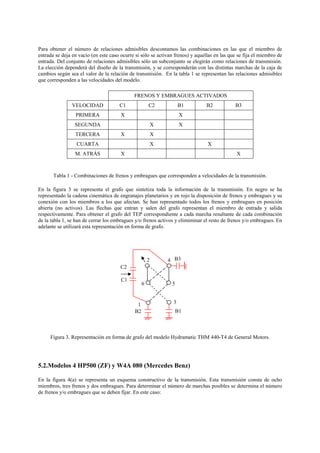 Para obtener el número de relaciones admisibles descontamos las combinaciones en las que el miembro de
entrada se deja en vacío (en este caso ocurre si sólo se activan frenos) y aquellas en las que se fija el miembro de
entrada. Del conjunto de relaciones admisibles sólo un subconjunto se elegirán como relaciones de transmisión.
La elección dependerá del diseño de la transmisión, y se corresponderán con las distintas marchas de la caja de
cambios según sea el valor de la relación de transmisión. En la tabla 1 se representan las relaciones admisibles
que corresponden a las velocidades del modelo.
FRENOS Y EMBRAGUES ACTIVADOS
VELOCIDAD C1 C2 B1 B2 B3
PRIMERA X X
SEGUNDA X X
TERCERA X X
CUARTA X X
M. ATRÁS X X
Tabla 1 - Combinaciones de frenos y embragues que corresponden a velocidades de la transmisión.
En la figura 3 se representa el grafo que sintetiza toda la información de la transmisión. En negro se ha
representado la cadena cinemática de engranajes planetarios y en rojo la disposición de frenos y embragues y su
conexión con los miembros a los que afectan. Se han representado todos los frenos y embragues en posición
abierta (no activos). Las flechas que entran y salen del grafo representan el miembro de entrada y salida
respectivamente. Para obtener el grafo del TEP correspondiente a cada marcha resultante de cada combinación
de la tabla 1, se han de cerrar los embragues y/o frenos activos y elimiminar el resto de frenos y/o embragues. En
adelante se utilizará esta representación en forma de grafo.
Figura 3. Representación en forma de grafo del modelo Hydramatic THM 440-T4 de General Motors.
5.2.Modelos 4 HP500 (ZF) y W4A 080 (Mercedes Benz)
En la figura 4(a) se representa un esquema constructivo de la transmisión. Esta transmisión consta de ocho
miembros, tres frenos y dos embragues. Para determinar el número de marchas posibles se determina el número
de frenos y/o embragues que se deben fijar. En este caso:
B3
3
6 5
2 4
1
B2 B1
C1
C2
 