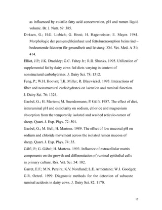 as influenced by volatile fatty acid concentration, pH and rumen liquid
volume. Br. J. Nutr. 69: 385.
Dirksen, G.; H.G. Liebich; G. Brosi; H. Hagemeister; E. Mayer. 1984.
Morphologie der pansenschleimhaut und fettsäureresorption beim rind –
bedeuntende faktoren für gesundheit und leistung. Zbl. Vet. Med. A 31:
414.
Elliot, J.P.; J.K. Drackley; G.C. Fahey Jr.; R.D. Shanks. 1995. Utilization of
supplemental fat by dairy cows fed diets varying in content of
nonstructural carbohydrates. J. Dairy Sci. 78: 1512.
Feng, P.; W.H. Hoover; T.K. Miller; R. Blauwiekel. 1993. Interactions of
fiber and nonstructural carbohydrates on lactation and ruminal function.
J. Dairy Sci. 76: 1324.
Gaebel, G.; H. Martens; M. Suendermann; P. Gálfi. 1987. The effect of diet,
intraruminal pH and osmolarity on sodium, chloride and magnesium
absorption from the temporarily isolated and washed reticulo-rumen of
sheep. Quart. J. Exp. Phys. 72: 501.
Gaebel, G.; M. Bell; H. Martens. 1989. The effect of low mucosal pH on
sodium and chloride movement across the isolated rumen mucosa of
sheep. Quart. J. Exp. Phys. 74: 35.
Gálfi, P.; G. Gäbel; H. Martens. 1993. Influence of extracellular matrix
components on the growth and differentiation of ruminal epithelial cells
in primary culture. Res. Vet. Sci. 54: 102.
Garret, E.F.; M.N. Pereira; K.V. Nordlund; L.E. Armentano; W.J. Goodger;
G.R. Oetzel. 1999. Diagnostic methods for the detection of subacute
ruminal acidosis in dairy cows. J. Dairy Sci. 82: 1170.

15

 