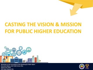 CASTING THE VISION & MISSION
FOR PUBLIC HIGHER EDUCATION
Writeshop on the Formulation of the Roadmap for Public Higher
Education Reform, 2017-2022 Action Plan
August 9-10, 2016
Hive Hotel, Quezon City
 
