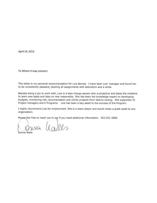 Reference Letter from Donna Walls