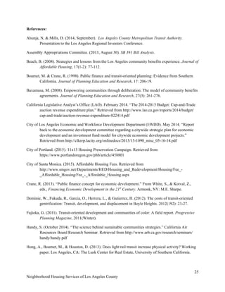 25
Neighborhood Housing Services of Los Angeles County
References:
Ahunja, N, & Mills, D. (2014, September). Los Angeles County Metropolitan Transit Authority.
Presentation to the Los Angeles Regional Investors Conference.
Assembly Appropriations Committee. (2013, August 30). SB 391 Bill Analysis.
Beach, B. (2008). Strategies and lessons from the Los Angeles community benefits experience. Journal of
Affordable Housing, 17(1-2): 77-112.
Boarnet, M. & Crane, R. (1998). Public finance and transit-oriented planning: Evidence from Southern
California. Journal of Planning Education and Research, 17: 206-19.
Baxamusa, M. (2008). Empowering communities through deliberation: The model of community benefits
agreements. Journal of Planning Education and Research, 27(3): 261-276.
California Legislative Analyst’s Office (LAO). February 2014. “The 2014-2015 Budget: Cap-and-Trade
auction revenue expenditure plan.” Retrieved from http://www.lao.ca.gov/reports/2014/budget/
cap-and-trade/auction-revenue-expenditure-022414.pdf
City of Los Angeles Economic and Workforce Development Department (EWDD). May 2014. “Report
back to the economic development committee regarding a citywide strategic plan for economic
development and an investment fund model for citywide economic development projects.”
Retrieved from http://clkrep.lacity.org/onlinedocs/2013/13-1090_misc_05-16-14.pdf
City of Portland. (2015). 11x13 Housing Preservation Campaign. Retrieved from
https://www.portlandoregon.gov/phb/article/458801
City of Santa Monica. (2015). Affordable Housing Fees. Retrieved from
http://www.smgov.net/Departments/HED/Housing_and_Redevelopment/Housing/Fee_-
_Affordable_Housing/Fee_-_Affordable_Housing.aspx
Crane, R. (2013). “Public finance concept for economic development.” From White, S., & Kotval, Z.,
eds., Financing Economic Development in the 21st
Century. Armonk, NY: M.E. Sharpe.
Dominie, W., Fukuda, R., Garcia, O., Herrera, L., & Gutierrez, H. (2012). The costs of transit-oriented
gentrification: Transit, development, and displacement in Boyle Heights. 2012(192): 23-27.
Fujioka, G. (2011). Transit-oriented development and communities of color: A field report. Progressive
Planning Magazine, 2011(Winter).
Handy, S. (October 2014). “The science behind sustainable communities strategies.” California Air
Resources Board Research Seminar. Retrieved from http://www.arb.ca.gov/research/seminars/
handy/handy.pdf
Hong, A., Boarnet, M., & Houston, D. (2013). Does light rail transit increase physical activity? Working
paper. Los Angeles, CA: The Lusk Center for Real Estate, University of Southern California.
 