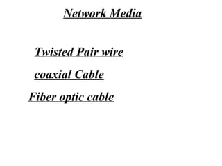 Twisted Pair wire
coaxial Cable
Fiber optic cable
Network Media
 