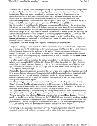 More than 30% of private-sector jobs are provided by the region’s innovation economy, composed of
nine knowledge-based sectors on the leading-edge of research, innovation and development of the
technologies. These nine sectors are defined by businesses involved in the development and
production of technical equipment, communications and/or advanced technology services, and
monthly jobs are counted across multiple employment sectors tracked by Employment and
Development Department. These innovation jobs also pay 2.4 times more ($116,300) than the rest of
the jobs ($49,350), according to a recent report from CONNECT (using 2015 stats).
San Diego ranked #4 in California for 405 startup companies established and #1 for new innovation
life-science startups, totaling 81 created. Software startups accounted for the highest number or 63%
of 405 startups created since software-app-development companies continue to drive the growth
innovation startups in San Diego and in California. Total number of startups created has exceeded 400
for the last three consecutive years, compared to a total ranging between 241 and 332 between 2005
and 2012. Needless to say, San Diego’s employment market is positively affected by a growing
innovation economy sector (as well as overall economy), since this sector accounts for 24% or $52
billion of regions’ economic output.
GlobeSt.com: How does this affect the region’s commercial real estate market?
Campion: San Diego’s commercial real estate market remains driven by stable regional employment
and economic growth. All employment sectors combined added 28,900 jobs in 2016, which positively
affected demand for commercial real estate in the region. This employment growth in turn has
resulted in continued (and in some instances historic) real estate occupancy growth and subsequent
rental-rate growth translating to ongoing investor demand as well as a need for the new construction
that is advancing our region.
The office market achieved more than 1.5 million square feet of positive annual net absorption
(change in occupancy) in 2016, its highest level since 2005 when it absorbed more than 1.9 million
square feet. Total office vacancy dropped to 14.5% in Q4 2016, down from a rate of 15.6% a year
ago. This reflects a substantial decline of 720 bps from the peak post-recession vacancy level of
21.7% reported seven years ago.
Propelled by the ongoing economic expansion, there are several large blocks of office space expected
to be absorbed ahead, with much of this activity attributed to leases already signed for projects under
construction. We are currently tracking 15 buildings totaling 1.1 million square feet under
construction countywide, all of which are scheduled for completion in 2017 and more than 75%
already have commitments in place.
The biotechnology and healthcare sectors are also having a tremendously positive impact on San
Diego’s economy. The life-sciences sector is viewed by our experts as the healthiest it has been in a
decade. Existing lab opportunities are extremely limited across virtually every size. The San Diego
laboratory market boasted a very healthy 5% direct vacancy at year-end 2016.
San Diego’s tech industry is also blossoming and fueling the office sector. These companies are also
driving the need for new high-quality construction projects to meet their modern and creative needs.
We have reached the time when the Millennial generation has surpassed Baby Boomers (744,033
people) in San Diego, as well as California and the US. The Millennial generation, also known as Gen
Y, is the largest age group in San Diego County, representing 1.02 million people or 31% of the total
population of 3.3 million countywide. More than a half or 53% of Gen Y are of the prime age (ages
25–34) influencing trends and demand for modern and amenity-rich office projects.
Co-working is also gaining momentum driven by the Millennial generation’s desire to connect to
community and network with other companies while working in the same environment.
Page 3 of 5Which SD Sector Added the Most Jobs? | Law.com
2/13/2017http://www.globest.com/sites/carrierossenfeld/2017/02/13/which-sd-sector-added-the-most...
 