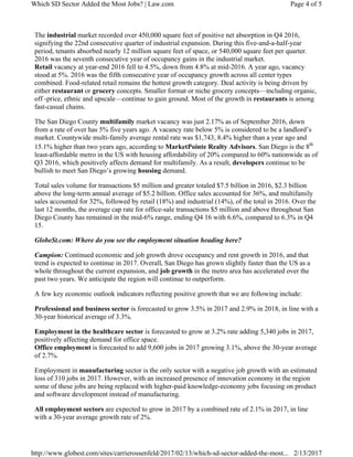 The industrial market recorded over 450,000 square feet of positive net absorption in Q4 2016,
signifying the 22nd consecutive quarter of industrial expansion. During this five-and-a-half-year
period, tenants absorbed nearly 12 million square feet of space, or 540,000 square feet per quarter.
2016 was the seventh consecutive year of occupancy gains in the industrial market.
Retail vacancy at year-end 2016 fell to 4.5%, down from 4.8% at mid-2016. A year ago, vacancy
stood at 5%. 2016 was the fifth consecutive year of occupancy growth across all center types
combined. Food-related retail remains the hottest growth category. Deal activity is being driven by
either restaurant or grocery concepts. Smaller format or niche grocery concepts—including organic,
off -price, ethnic and upscale—continue to gain ground. Most of the growth in restaurants is among
fast-casual chains.
The San Diego County multifamily market vacancy was just 2.17% as of September 2016, down
from a rate of over has 5% five years ago. A vacancy rate below 5% is considered to be a landlord’s
market. Countywide multi-family average rental rate was $1,743, 8.4% higher than a year ago and
15.1% higher than two years ago, according to MarketPointe Realty Advisors. San Diego is the 8th
least-affordable metro in the US with housing affordability of 20% compared to 60% nationwide as of
Q3 2016, which positively affects demand for multifamily. As a result, developers continue to be
bullish to meet San Diego’s growing housing demand.
Total sales volume for transactions $5 million and greater totaled $7.5 billion in 2016, $2.3 billion
above the long-term annual average of $5.2 billion. Office sales accounted for 36%, and multifamily
sales accounted for 32%, followed by retail (18%) and industrial (14%), of the total in 2016. Over the
last 12 months, the average cap rate for office-sale transactions $5 million and above throughout San
Diego County has remained in the mid-6% range, ending Q4 16 with 6.6%, compared to 6.3% in Q4
15.
GlobeSt.com: Where do you see the employment situation heading here?
Campion: Continued economic and job growth drove occupancy and rent growth in 2016, and that
trend is expected to continue in 2017. Overall, San Diego has grown slightly faster than the US as a
whole throughout the current expansion, and job growth in the metro area has accelerated over the
past two years. We anticipate the region will continue to outperform.
A few key economic outlook indicators reflecting positive growth that we are following include:
Professional and business sector is forecasted to grow 3.5% in 2017 and 2.9% in 2018, in line with a
30-year historical average of 3.3%.
Employment in the healthcare sector is forecasted to grow at 3.2% rate adding 5,340 jobs in 2017,
positively affecting demand for office space.
Office employment is forecasted to add 9,600 jobs in 2017 growing 3.1%, above the 30-year average
of 2.7%.
Employment in manufacturing sector is the only sector with a negative job growth with an estimated
loss of 310 jobs in 2017. However, with an increased presence of innovation economy in the region
some of these jobs are being replaced with higher-paid knowledge-economy jobs focusing on product
and software development instead of manufacturing.
All employment sectors are expected to grow in 2017 by a combined rate of 2.1% in 2017, in line
with a 30-year average growth rate of 2%.
Page 4 of 5Which SD Sector Added the Most Jobs? | Law.com
2/13/2017http://www.globest.com/sites/carrierossenfeld/2017/02/13/which-sd-sector-added-the-most...
 