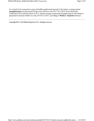 As a result of six consecutive years of healthy employment growth in the region, average annual
unemployment has decreased 610 bps since 2010 to a rate of 4.7% in 2016, lower than both
California (4.9%) and the nation (5.4%). Annual average countywide unemployment in San Diego is
projected to decrease further to a rate of 4.4% in 2017, according to Moody’s Analytics forecast.
Copyright 2017. ALM Media Properties, LLC. All rights reserved.
Page 5 of 5Which SD Sector Added the Most Jobs? | Law.com
2/13/2017http://www.globest.com/sites/carrierossenfeld/2017/02/13/which-sd-sector-added-the-most...
 