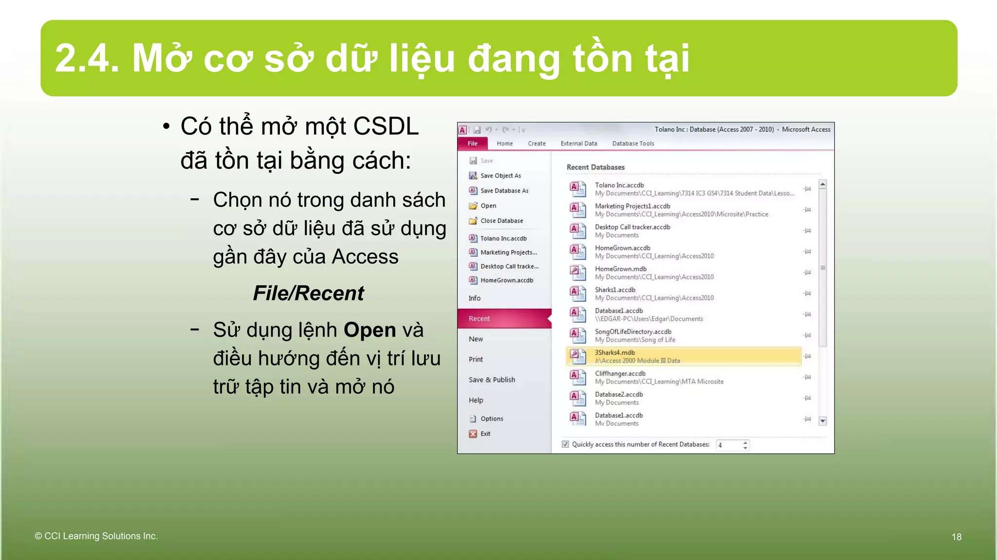 2.4. Mở cơ sở dữ liệu đang tồn tại
• Có thể mở một CSDL
đã tồn tại bằng cách:
− Chọn nó trong danh sách
cơ sở dữ liệu đã sử dụng
gần đây của Access
File/Recent
− Sử dụng lệnh Open và
điều hướng đến vị trí lưu
trữ tập tin và mở nó
© CCI Learning Solutions Inc. 18
 