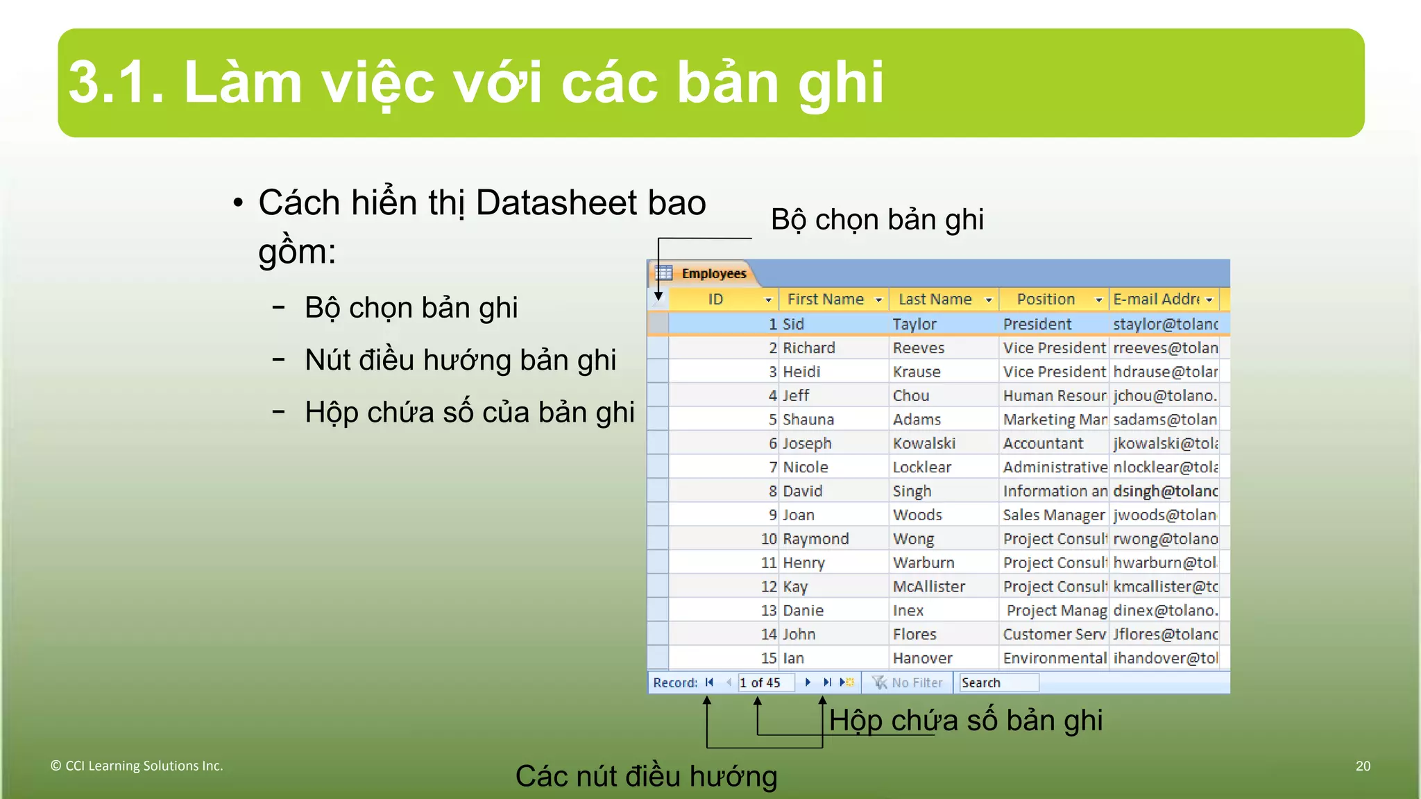 3.1. Làm việc với các bản ghi
• Cách hiển thị Datasheet bao
gồm:
− Bộ chọn bản ghi
− Nút điều hướng bản ghi
− Hộp chứa số của bản ghi
© CCI Learning Solutions Inc. 20
Bộ chọn bản ghi
Các nút điều hướng
Hộp chứa số bản ghi
 