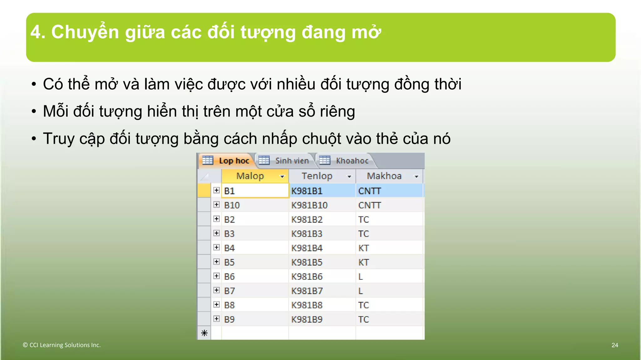 4. Chuyển giữa các đối tượng đang mở
© CCI Learning Solutions Inc. 24
• Có thể mở và làm việc được với nhiều đối tượng đồng thời
• Mỗi đối tượng hiển thị trên một cửa sổ riêng
• Truy cập đối tượng bằng cách nhấp chuột vào thẻ của nó
 