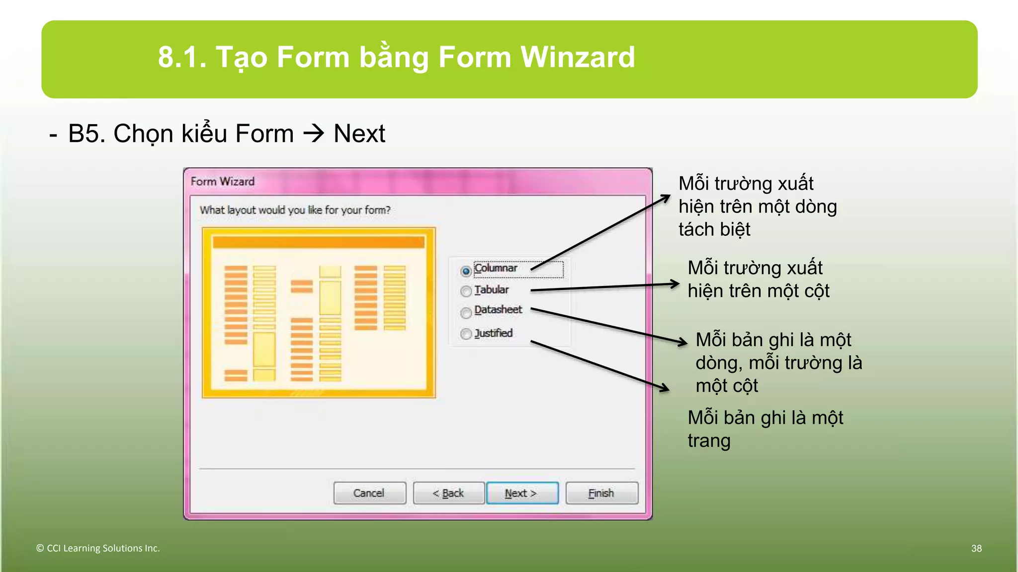 8.1. Tạo Form bằng Form Winzard
- B5. Chọn kiểu Form  Next
© CCI Learning Solutions Inc. 38
Mỗi trường xuất
hiện trên một dòng
tách biệt
Mỗi trường xuất
hiện trên một cột
Mỗi bản ghi là một
dòng, mỗi trường là
một cột
Mỗi bản ghi là một
trang
 