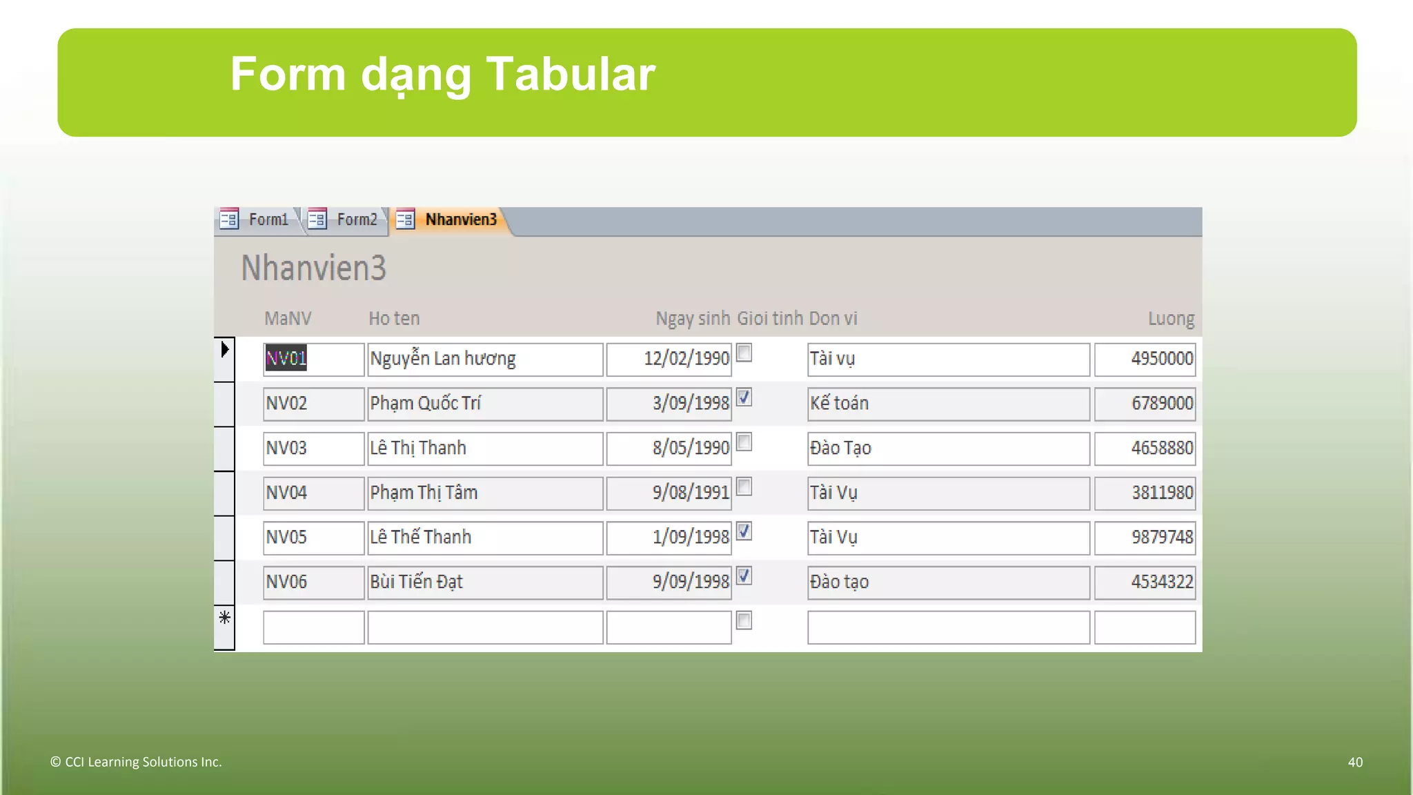 Form dạng Tabular
© CCI Learning Solutions Inc. 40
 