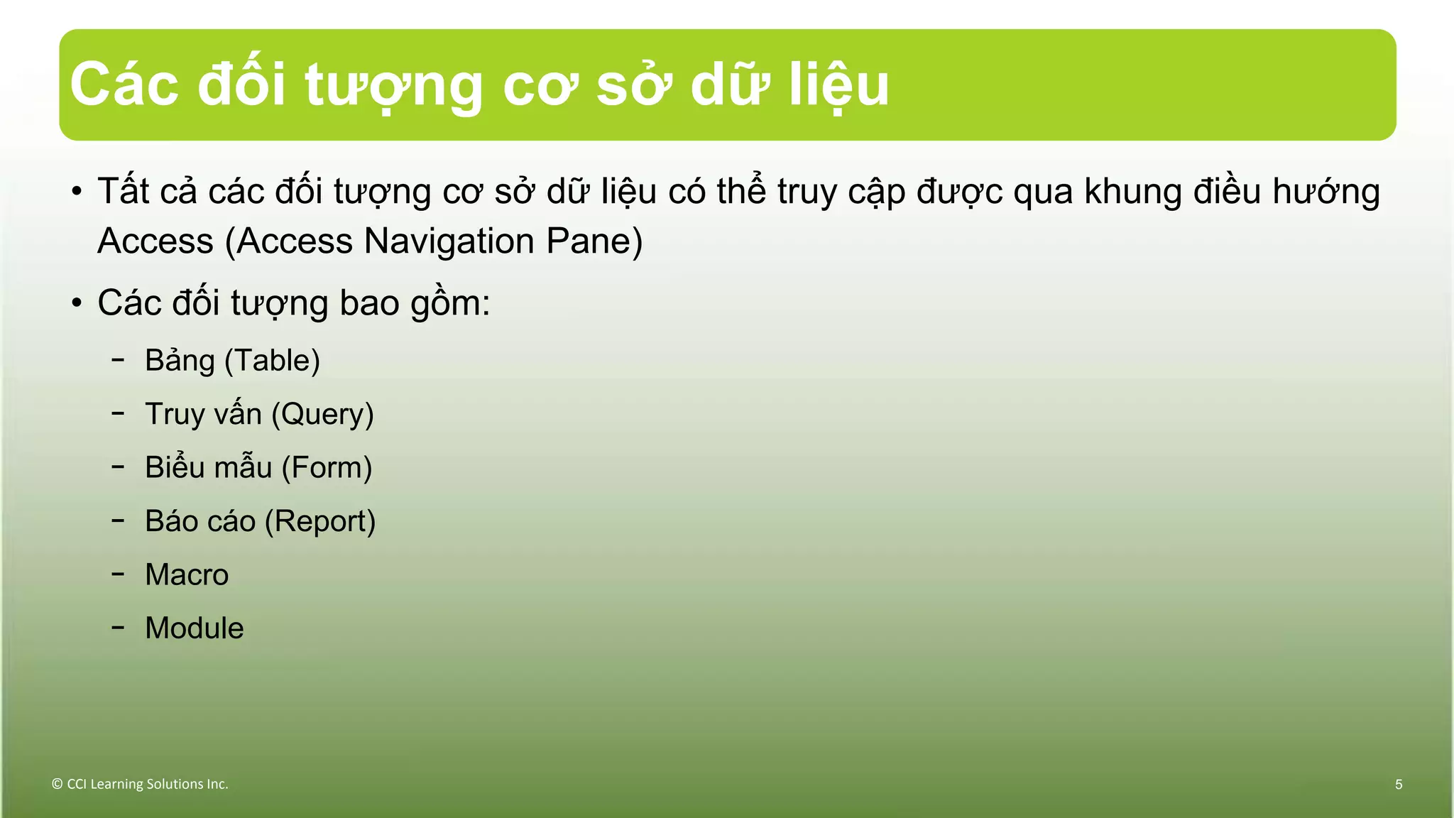 Các đối tượng cơ sở dữ liệu
• Tất cả các đối tượng cơ sở dữ liệu có thể truy cập được qua khung điều hướng
Access (Access Navigation Pane)
• Các đối tượng bao gồm:
− Bảng (Table)
− Truy vấn (Query)
− Biểu mẫu (Form)
− Báo cáo (Report)
− Macro
− Module
© CCI Learning Solutions Inc. 5
 