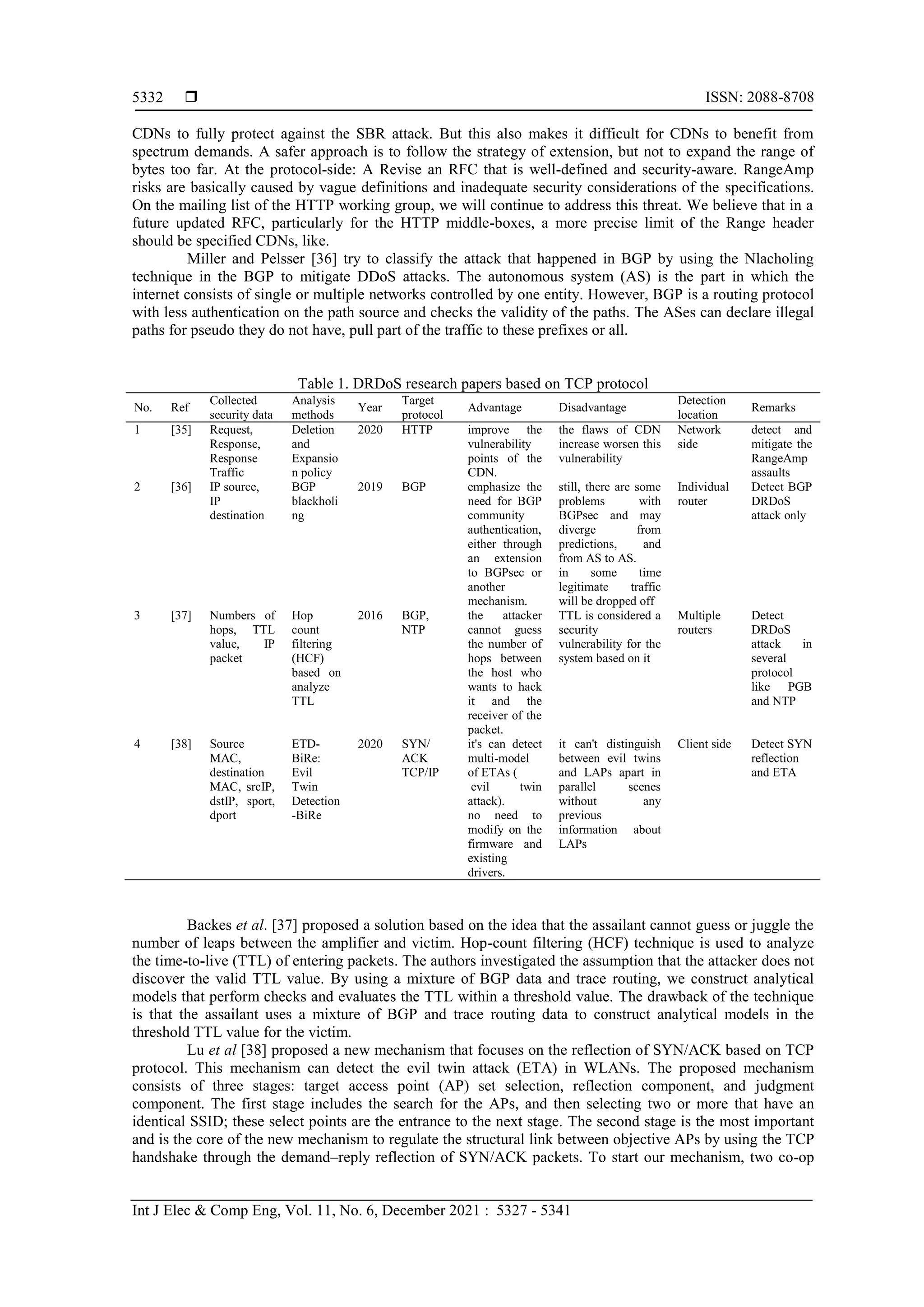  ISSN: 2088-8708
Int J Elec & Comp Eng, Vol. 11, No. 6, December 2021 : 5327 - 5341
5332
CDNs to fully protect against the SBR attack. But this also makes it difficult for CDNs to benefit from
spectrum demands. A safer approach is to follow the strategy of extension, but not to expand the range of
bytes too far. At the protocol-side: A Revise an RFC that is well-defined and security-aware. RangeAmp
risks are basically caused by vague definitions and inadequate security considerations of the specifications.
On the mailing list of the HTTP working group, we will continue to address this threat. We believe that in a
future updated RFC, particularly for the HTTP middle-boxes, a more precise limit of the Range header
should be specified CDNs, like.
Miller and Pelsser [36] try to classify the attack that happened in BGP by using the Nlacholing
technique in the BGP to mitigate DDoS attacks. The autonomous system (AS) is the part in which the
internet consists of single or multiple networks controlled by one entity. However, BGP is a routing protocol
with less authentication on the path source and checks the validity of the paths. The ASes can declare illegal
paths for pseudo they do not have, pull part of the traffic to these prefixes or all.
Table 1. DRDoS research papers based on TCP protocol
No. Ref
Collected
security data
Analysis
methods
Year
Target
protocol
Advantage Disadvantage
Detection
location
Remarks
1 [35] Request,
Response,
Response
Traffic
Deletion
and
Expansio
n policy
2020 HTTP improve the
vulnerability
points of the
CDN.
the flaws of CDN
increase worsen this
vulnerability
Network
side
detect and
mitigate the
RangeAmp
assaults
2 [36] IP source,
IP
destination
BGP
blackholi
ng
2019 BGP emphasize the
need for BGP
community
authentication,
either through
an extension
to BGPsec or
another
mechanism.
still, there are some
problems with
BGPsec and may
diverge from
predictions, and
from AS to AS.
in some time
legitimate traffic
will be dropped off
Individual
router
Detect BGP
DRDoS
attack only
3 [37] Numbers of
hops, TTL
value, IP
packet
Hop
count
filtering
(HCF)
based on
analyze
TTL
2016 BGP,
NTP
the attacker
cannot guess
the number of
hops between
the host who
wants to hack
it and the
receiver of the
packet.
TTL is considered a
security
vulnerability for the
system based on it
Multiple
routers
Detect
DRDoS
attack in
several
protocol
like PGB
and NTP
4 [38] Source
MAC,
destination
MAC, srcIP,
dstIP, sport,
dport
ETD-
BiRe:
Evil
Twin
Detection
-BiRe
2020 SYN/
ACK
TCP/IP
it's can detect
multi-model
of ETAs (
evil twin
attack).
no need to
modify on the
firmware and
existing
drivers.
it can't distinguish
between evil twins
and LAPs apart in
parallel scenes
without any
previous
information about
LAPs
Client side Detect SYN
reflection
and ETA
Backes et al. [37] proposed a solution based on the idea that the assailant cannot guess or juggle the
number of leaps between the amplifier and victim. Hop-count filtering (HCF) technique is used to analyze
the time-to-live (TTL) of entering packets. The authors investigated the assumption that the attacker does not
discover the valid TTL value. By using a mixture of BGP data and trace routing, we construct analytical
models that perform checks and evaluates the TTL within a threshold value. The drawback of the technique
is that the assailant uses a mixture of BGP and trace routing data to construct analytical models in the
threshold TTL value for the victim.
Lu et al [38] proposed a new mechanism that focuses on the reflection of SYN/ACK based on TCP
protocol. This mechanism can detect the evil twin attack (ETA) in WLANs. The proposed mechanism
consists of three stages: target access point (AP) set selection, reflection component, and judgment
component. The first stage includes the search for the APs, and then selecting two or more that have an
identical SSID; these select points are the entrance to the next stage. The second stage is the most important
and is the core of the new mechanism to regulate the structural link between objective APs by using the TCP
handshake through the demand–reply reflection of SYN/ACK packets. To start our mechanism, two co-op
 
