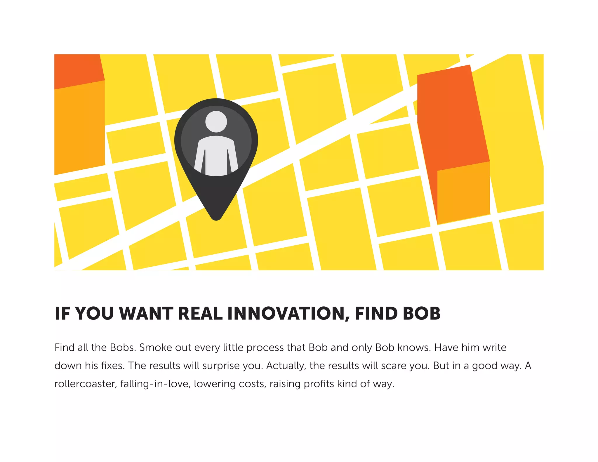 IF YOU WANT REAL INNOVATION, FIND BOB
Find all the Bobs. Smoke out every little process that Bob and only Bob knows. Have him write
down his fixes. The results will surprise you. Actually, the results will scare you. But in a good way. A
rollercoaster, falling-in-love, lowering costs, raising profits kind of way.
 