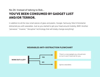 In addition to all the new smart pieces of glass and plastic, Google, Samsung, Nike & Kickstarter
distracted you with wearables. Just as you started to get your head around mobility, BAM. Another
“pervasive,” “invasive,” “disruptive“ technology that will totally change everything!
YOU’VE BEEN CONSUMED BY GADGET LUST
AND/OR TERROR.
No 2A: Instead of talking to Bob...
WEARABLES ANTI-DISTRACTION FLOWCHART
There’s a new gadget you should look
at, but it won’t exercise for you.
Ignore wearables.
WORK OUT A LOT?
YES
NO
 